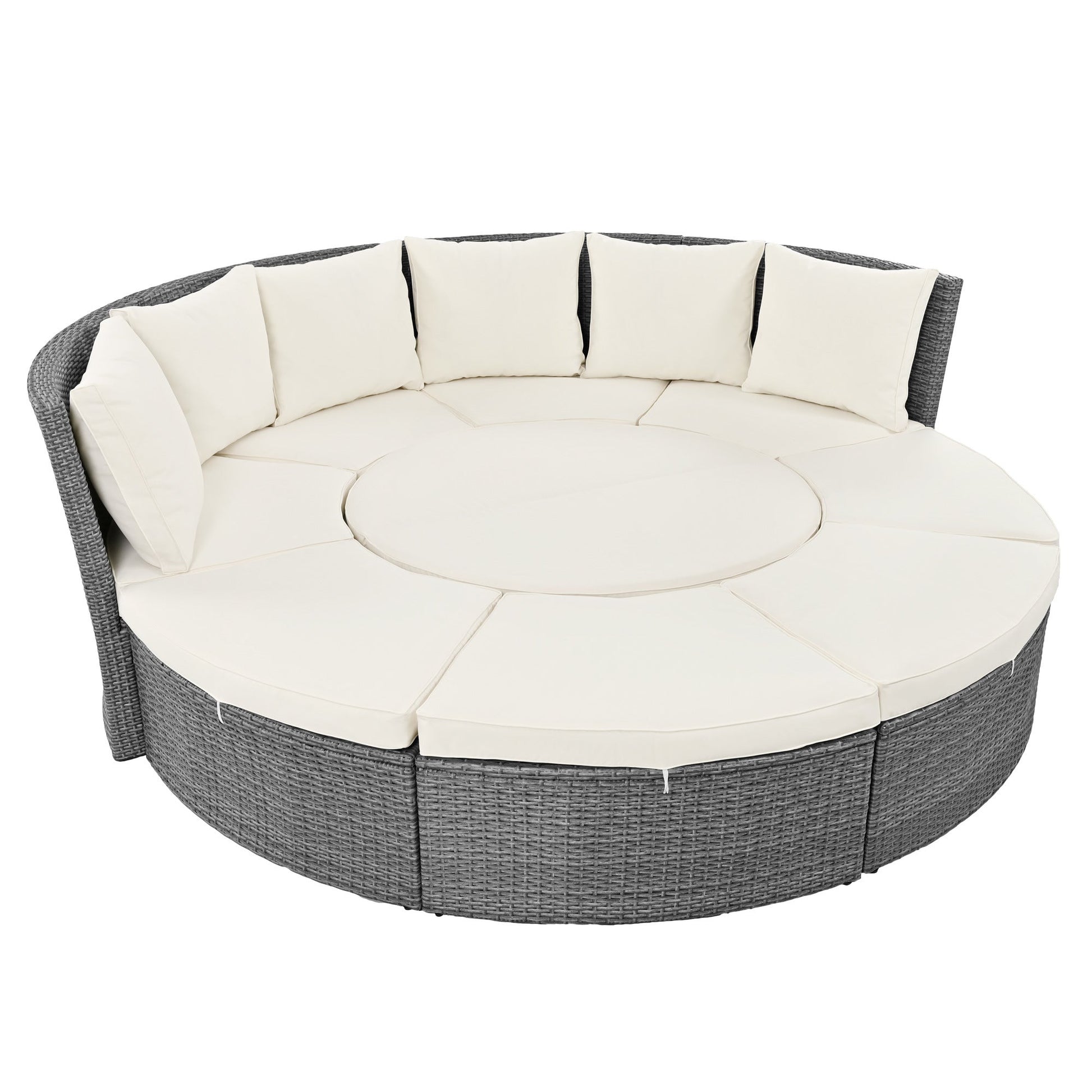 Patio 5-Piece Round Rattan Sectional Sofa Set All-Weather PE Wicker Sunbed Daybed with Round Liftable Table and Washable Cushions for Outdoor Backyard Poolside - Divine Heart L.A.