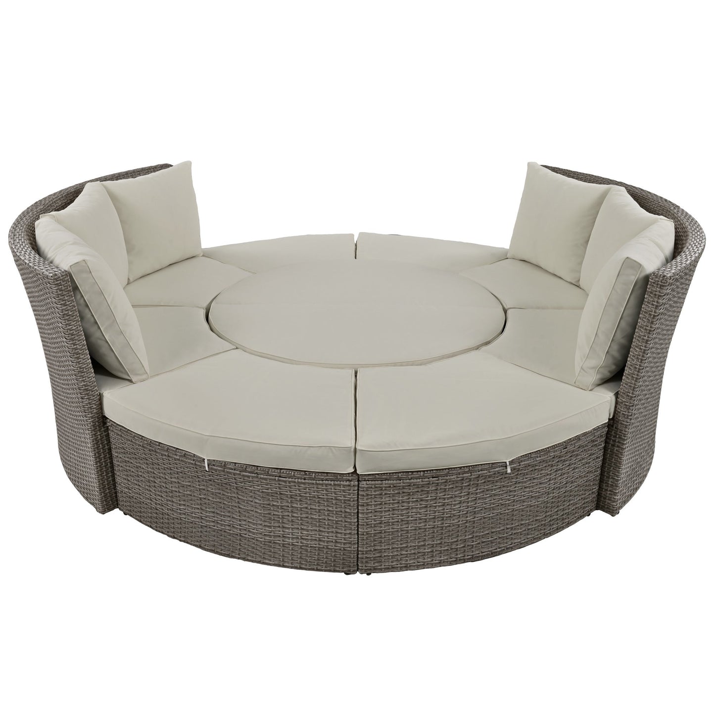 Patio 5-Piece Round Rattan Sectional Sofa Set All-Weather PE Wicker Sunbed Daybed with Round Liftable Table and Washable Cushions for Outdoor Backyard Poolside - Divine Heart L.A.