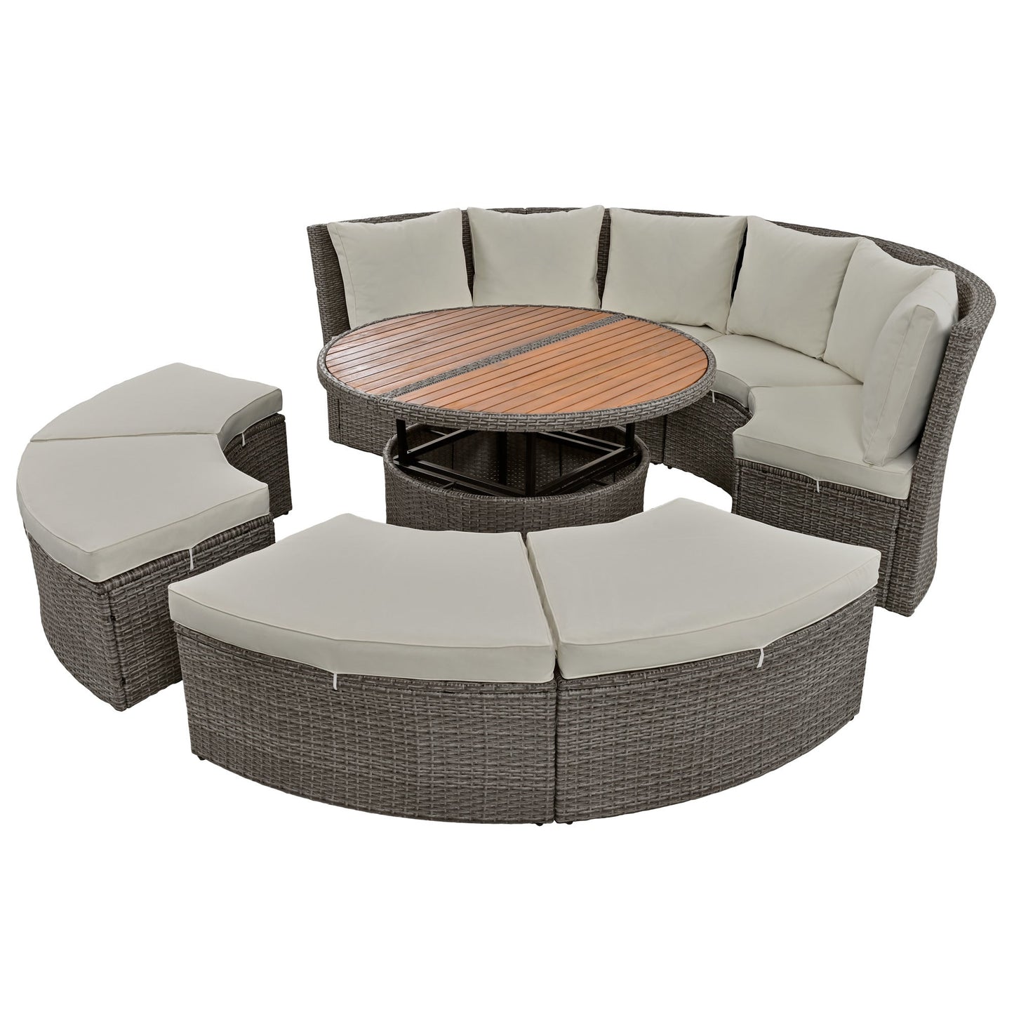 Patio 5-Piece Round Rattan Sectional Sofa Set All-Weather PE Wicker Sunbed Daybed with Round Liftable Table and Washable Cushions for Outdoor Backyard Poolside - Divine Heart L.A.