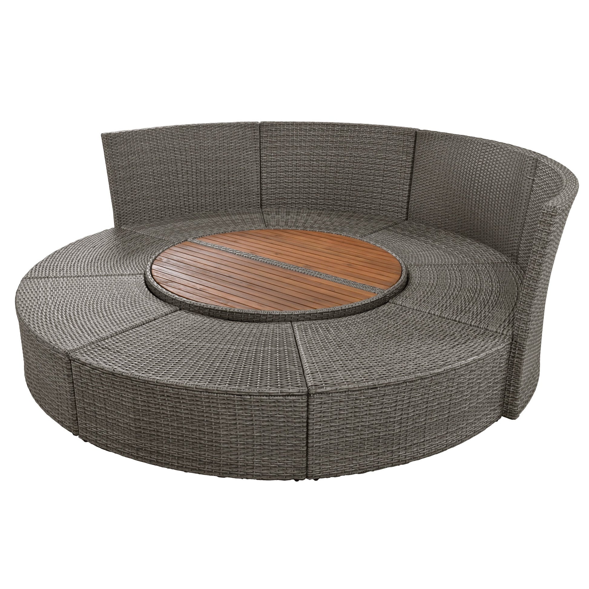 Patio 5-Piece Round Rattan Sectional Sofa Set All-Weather PE Wicker Sunbed Daybed with Round Liftable Table and Washable Cushions for Outdoor Backyard Poolside - Divine Heart L.A.