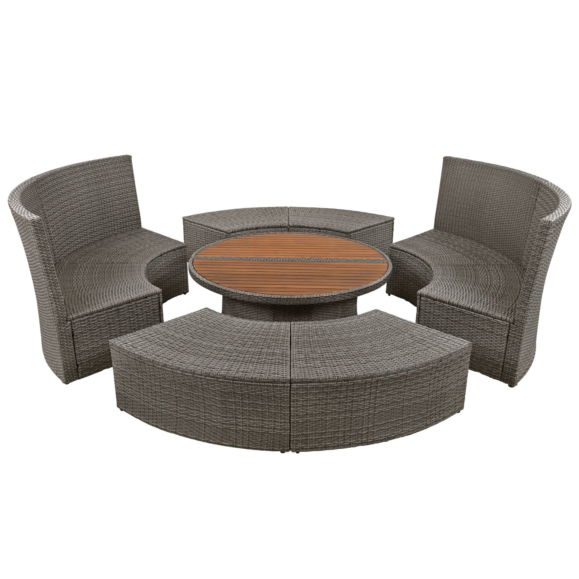 Patio 5-Piece Round Rattan Sectional Sofa Set All-Weather PE Wicker Sunbed Daybed with Round Liftable Table and Washable Cushions for Outdoor Backyard Poolside - Divine Heart L.A.