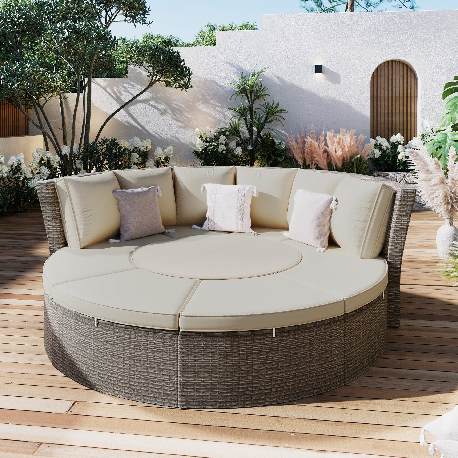 Patio 5-Piece Round Rattan Sectional Sofa Set All-Weather PE Wicker Sunbed Daybed with Round Liftable Table and Washable Cushions for Outdoor Backyard Poolside - Divine Heart L.A.