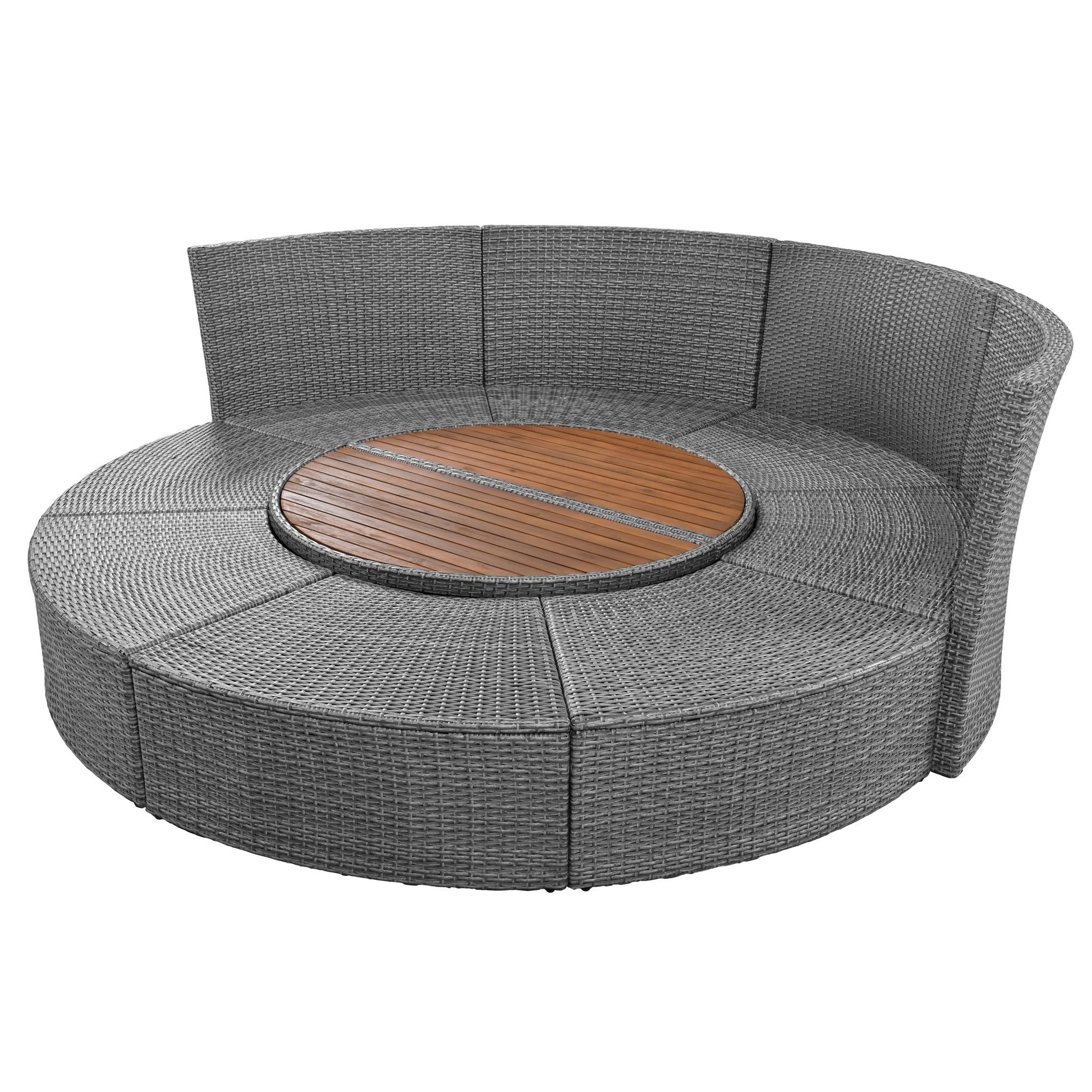 Patio 5-Piece Round Rattan Sectional Sofa Set All-Weather PE Wicker Sunbed Daybed with Round Liftable Table and Washable Cushions for Outdoor Backyard Poolside - Divine Heart L.A.