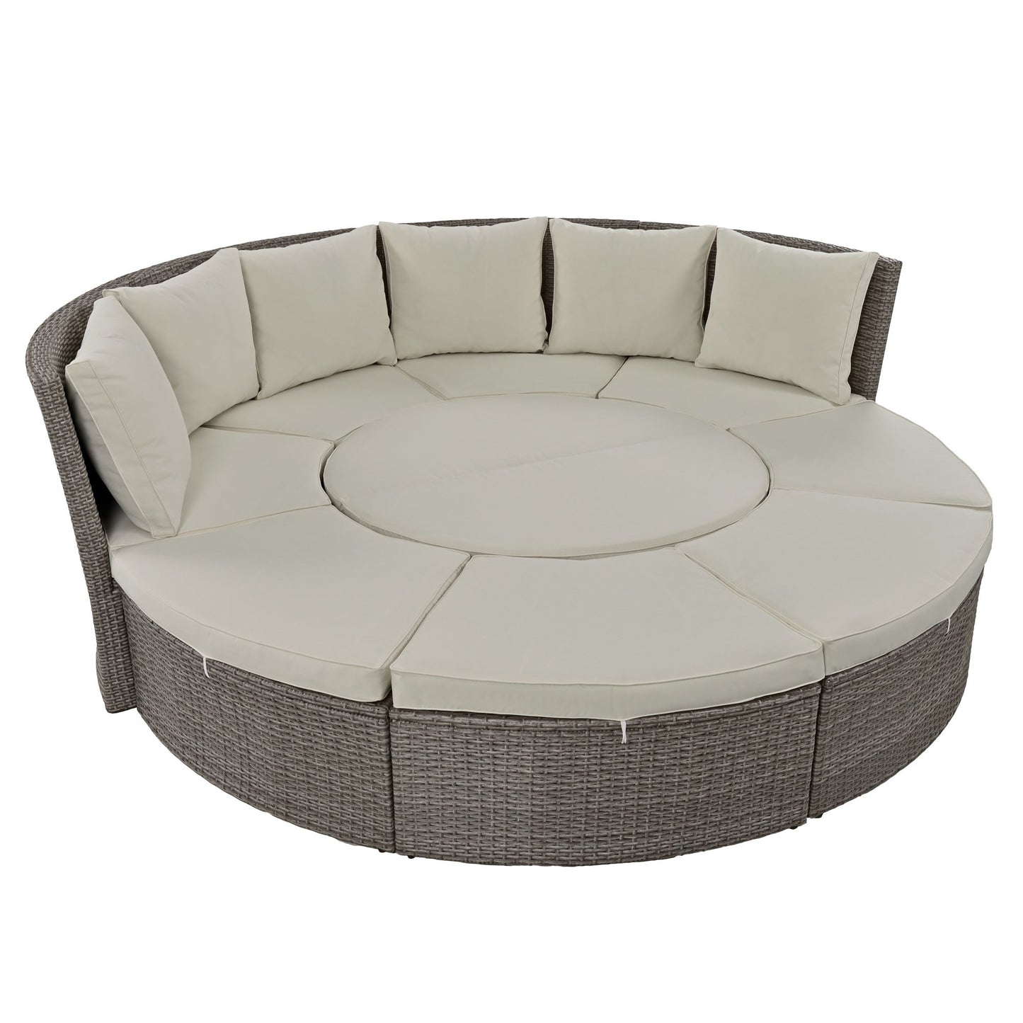 Patio 5-Piece Round Rattan Sectional Sofa Set All-Weather PE Wicker Sunbed Daybed with Round Liftable Table and Washable Cushions for Outdoor Backyard Poolside - Divine Heart L.A.