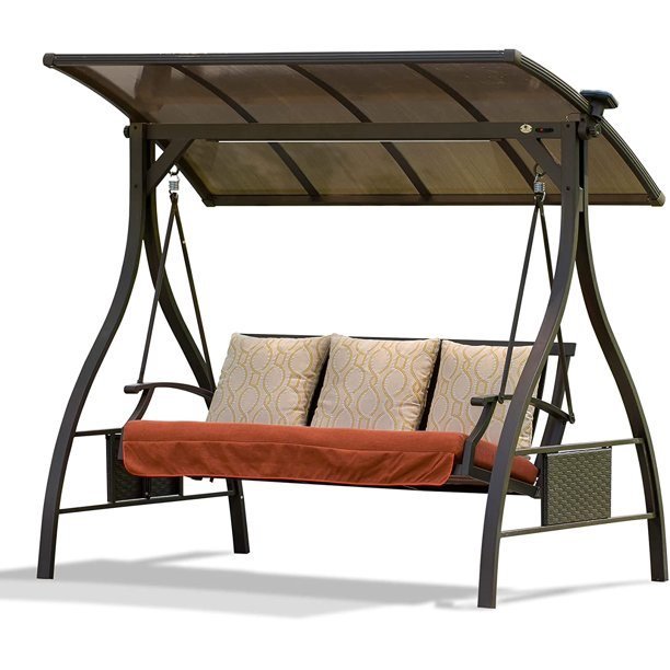 Patio Porch Swing 3 Person Adjustable Canopy Deluxe Hammock Swing Glider with Solar LED Light and 3 Sunbrella Cushions for Outdoor Garden, Balcony, Backyard - Divine Heart L.A.