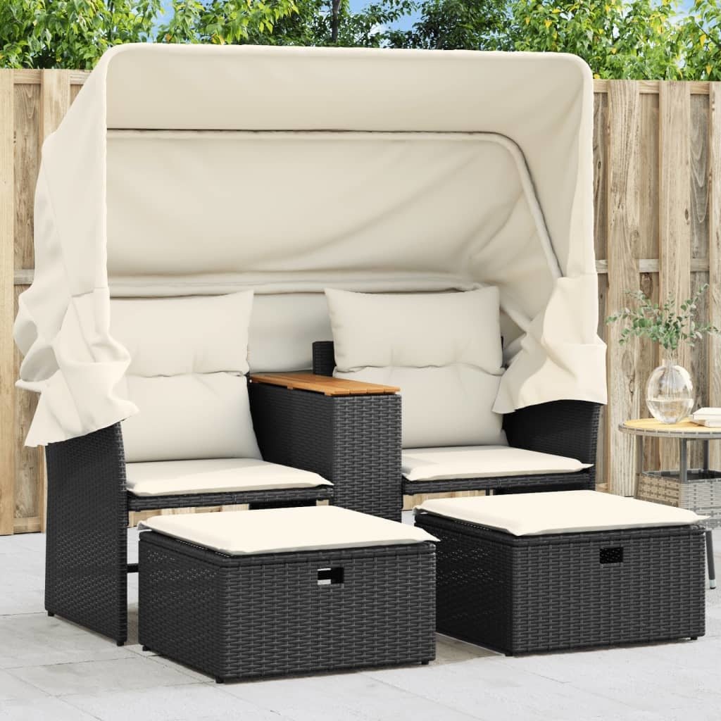 Patio Sofa 2-Seater with Canopy and Stools Black Poly Rattan - Divine Heart L.A.