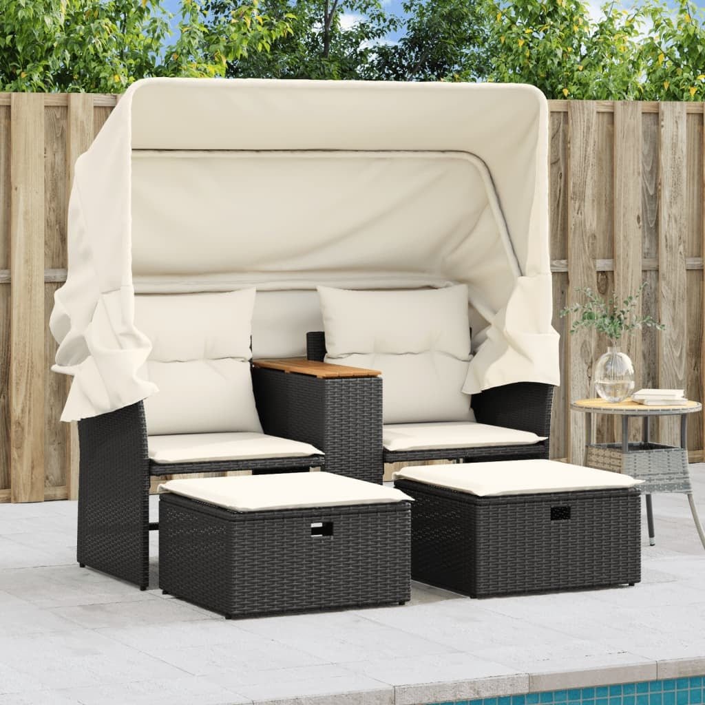 Patio Sofa 2-Seater with Canopy and Stools Black Poly Rattan - Divine Heart L.A.