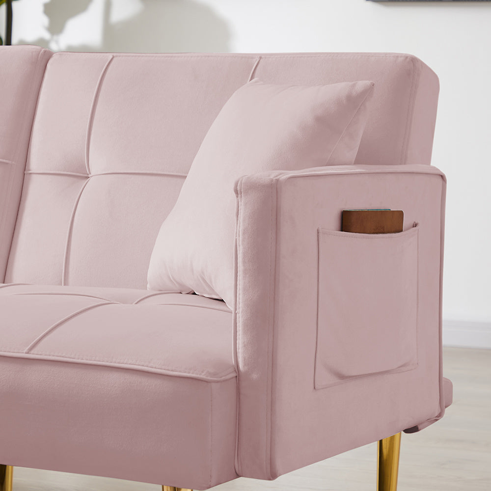 Sicily Pink Convertible Loveseat with Gold Metal Legs