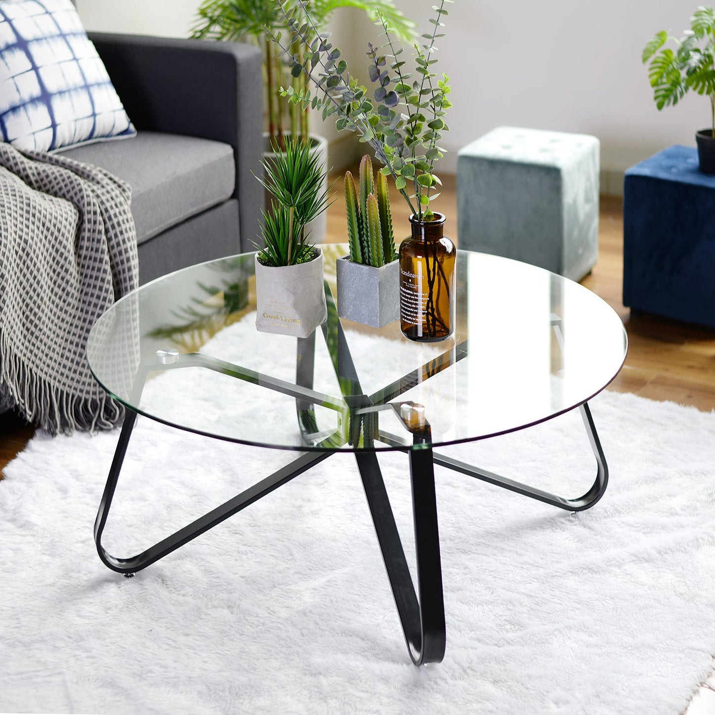 Round Coffee Table for Living Room, 31.5-inch Modern Sofa Side End Table with Tempered Glass Top & Metal Legs, Accent Cocktail Tea Table, 31.5 x 31.5 x 15.6 inches, Black - Divine Heart L.A.