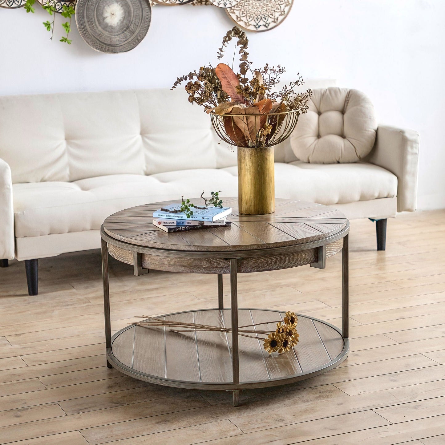 Round Wood Coffee Tables for Living Room, 2 Tier Farmhouse Circle Coffee Table with Metal Frame, Rustic Mid-Century Wooden Coffee Tables for Apartment, Easy Assembly(32" Dx32 Wx18 H) - Divine Heart L.A.