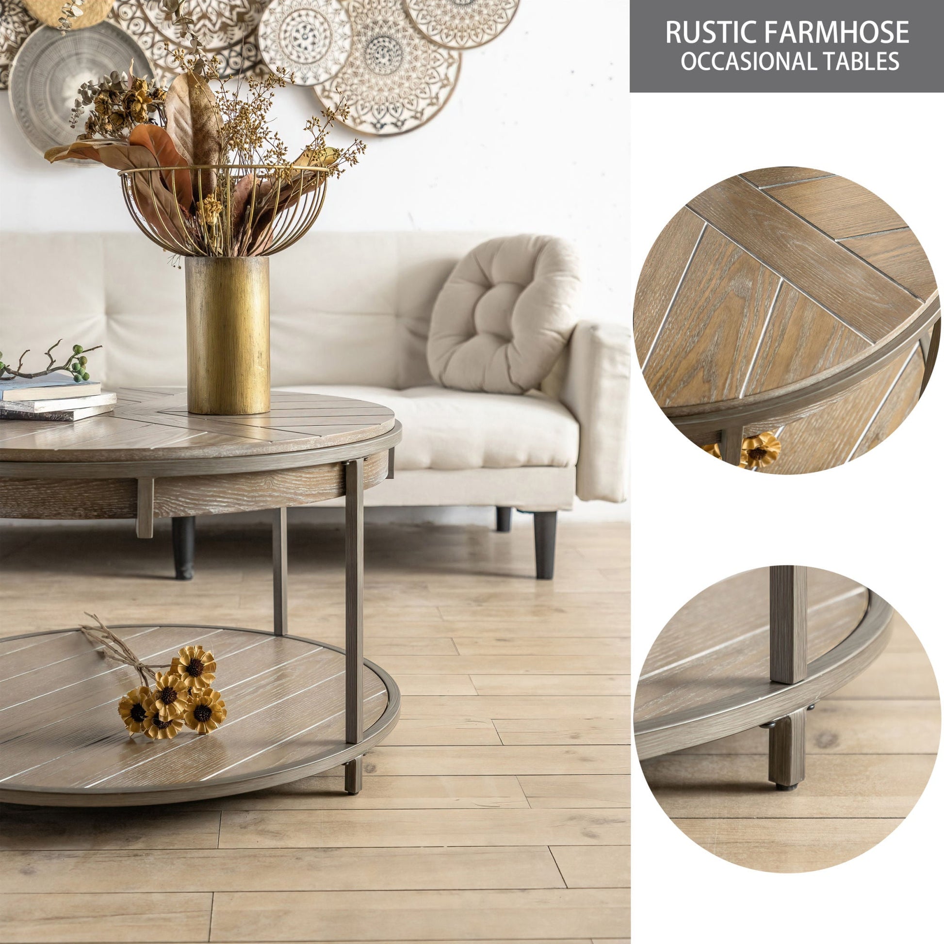 Round Wood Coffee Tables for Living Room, 2 Tier Farmhouse Circle Coffee Table with Metal Frame, Rustic Mid-Century Wooden Coffee Tables for Apartment, Easy Assembly(32" Dx32 Wx18 H) - Divine Heart L.A.