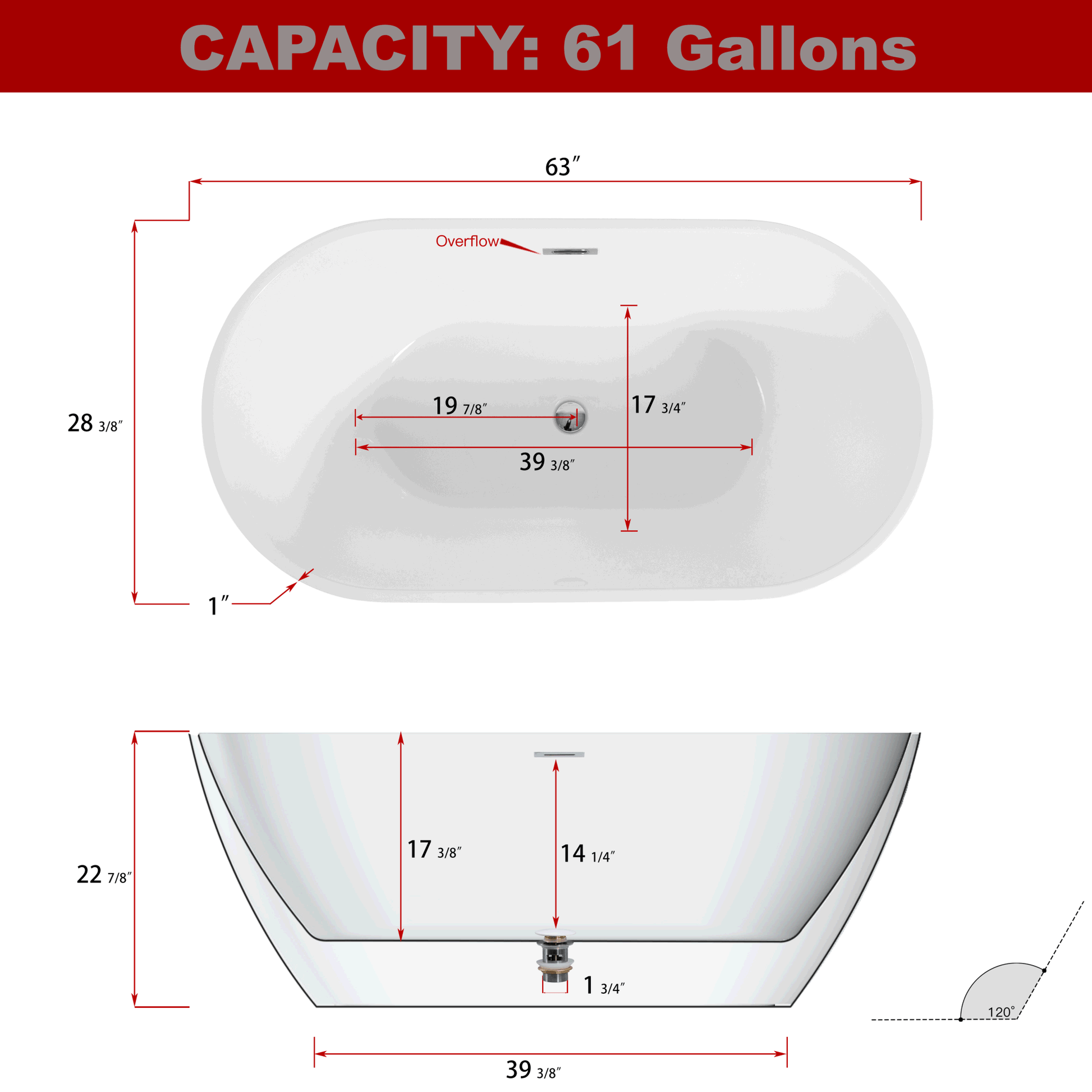 Shiny White Acrylic Freestanding Soaking Bathtub with Chrome Overflow and Drain, cUPC Certified - 63*28.8 22A09 - 63 - Divine Heart L.A.