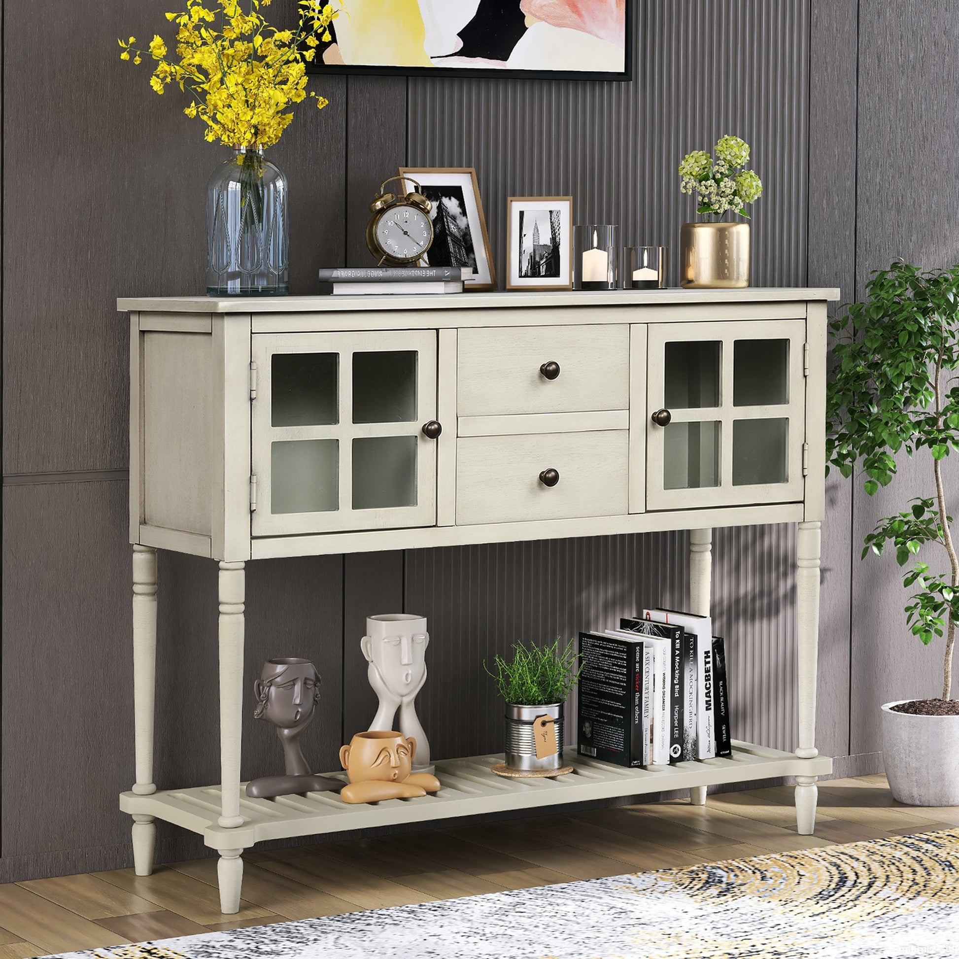 Sideboard Console Table with Bottom Shelf, Farmhouse Wood/Glass Buffet Storage Cabinet Living Room - Divine Heart L.A.