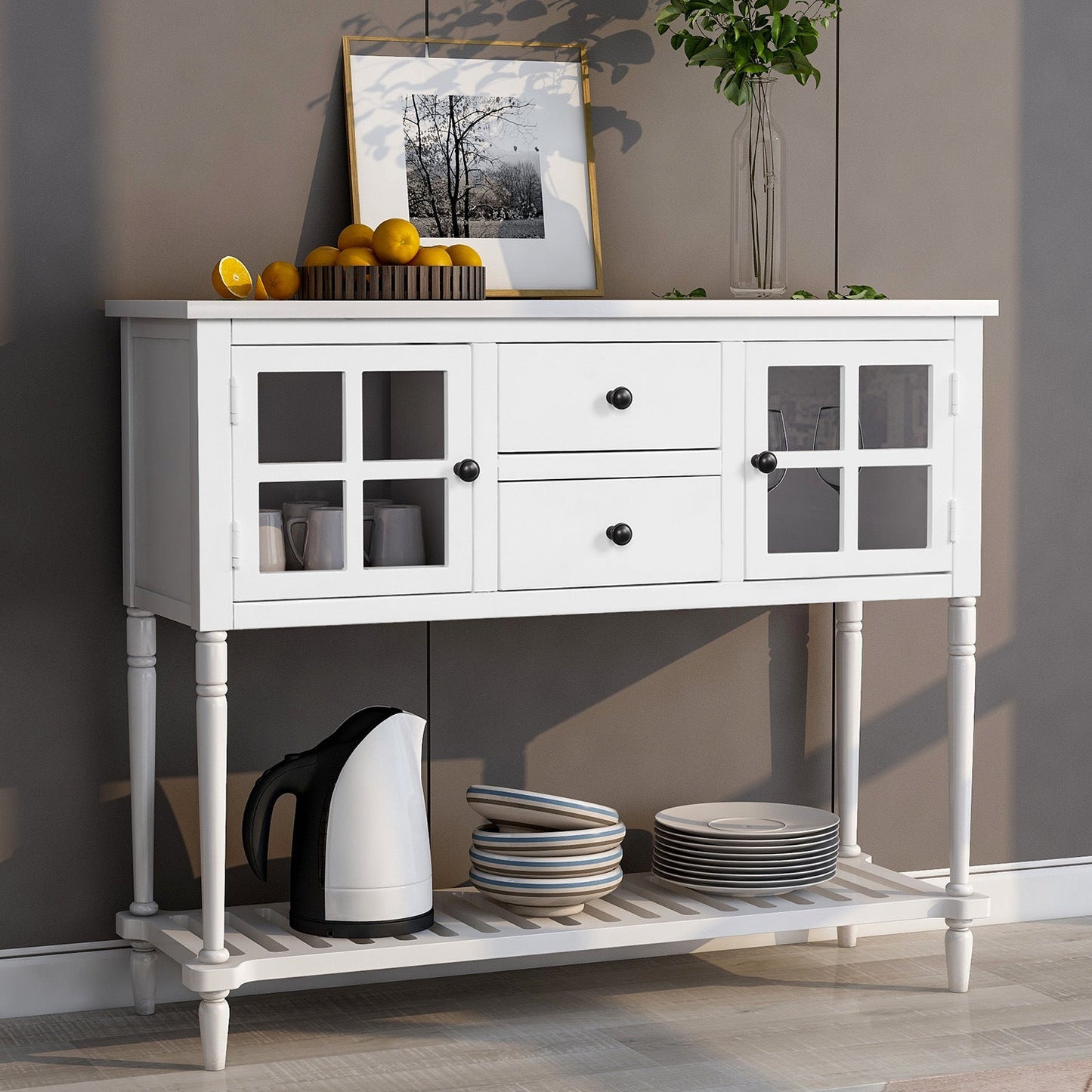 Sideboard Console Table with Bottom Shelf, Farmhouse Wood/Glass Buffet Storage Cabinet Living Room - Divine Heart L.A.