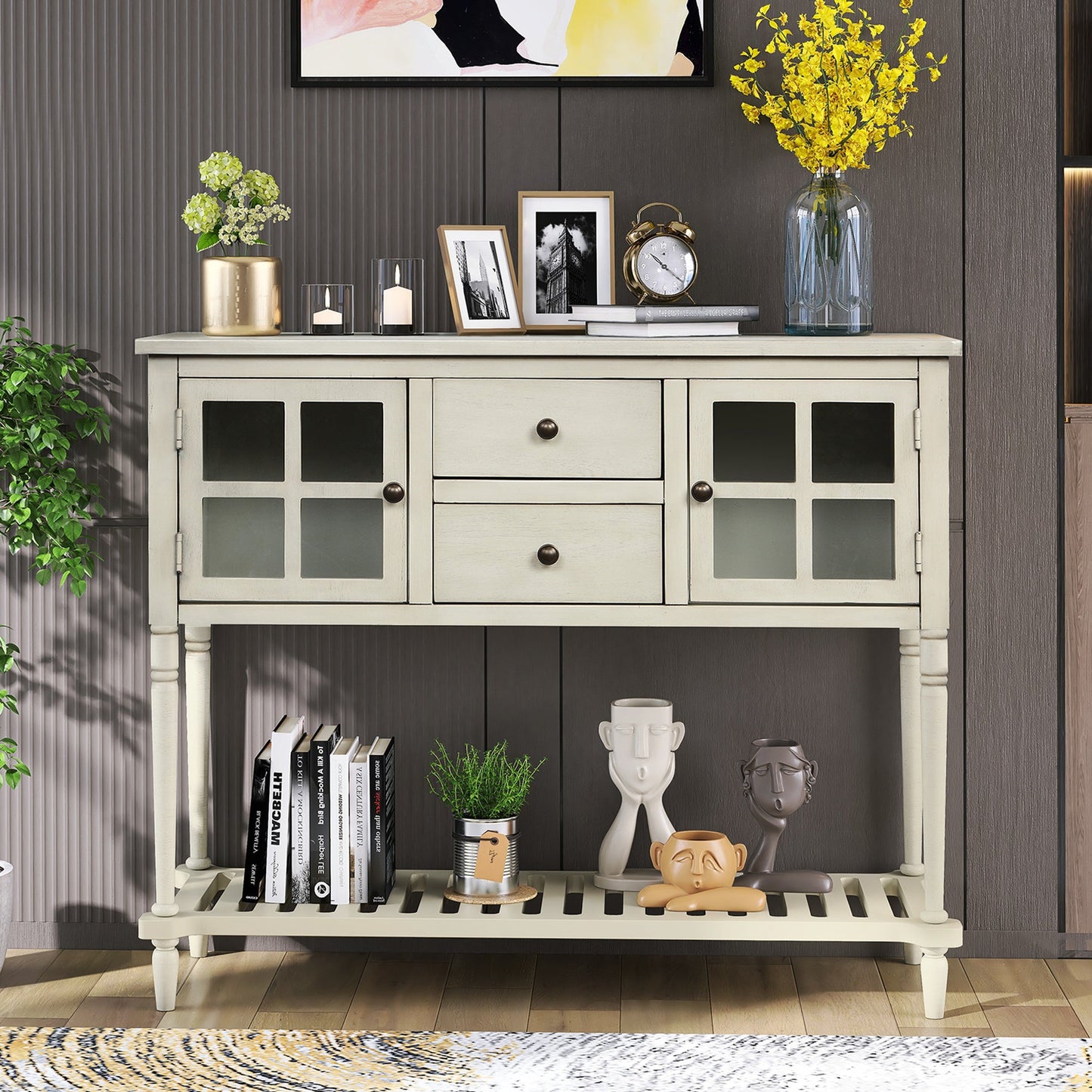 Sideboard Console Table with Bottom Shelf, Farmhouse Wood/Glass Buffet Storage Cabinet Living Room - Divine Heart L.A.