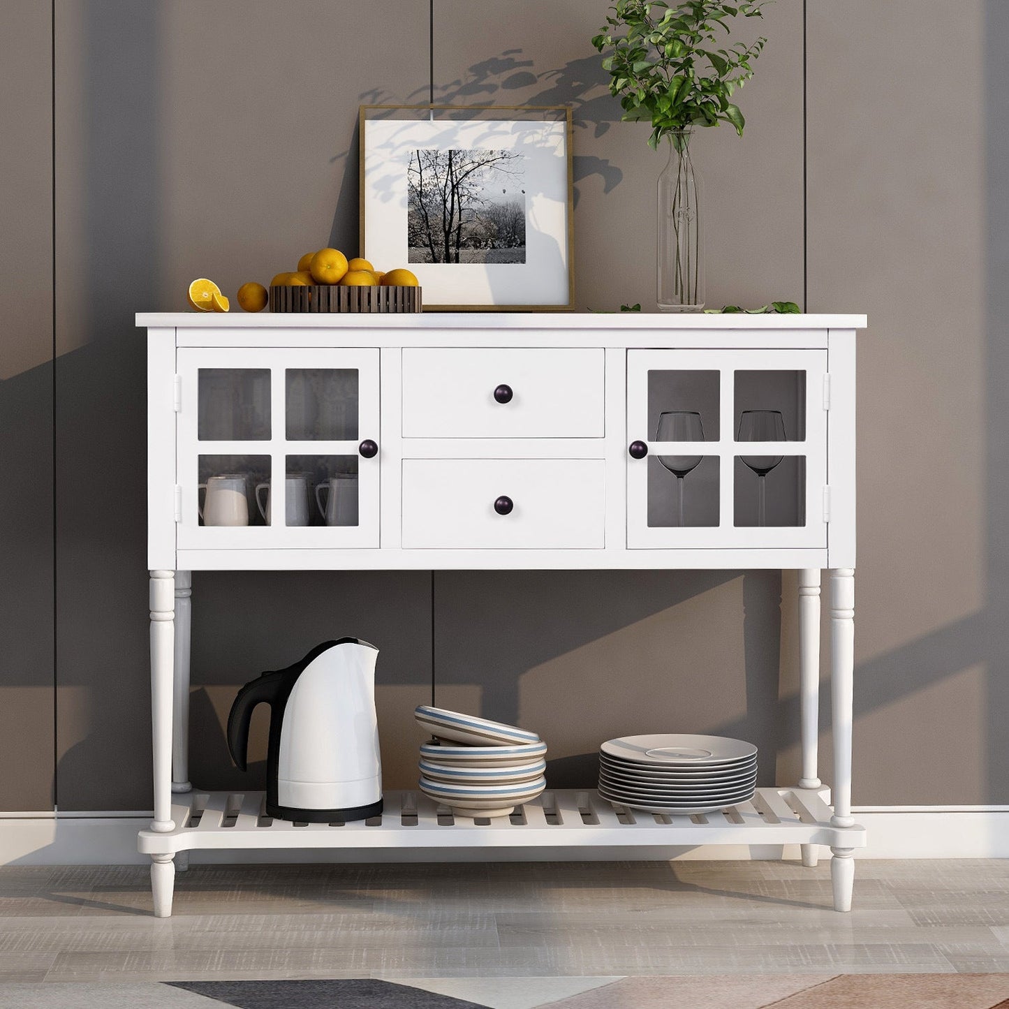 Sideboard Console Table with Bottom Shelf, Farmhouse Wood/Glass Buffet Storage Cabinet Living Room - Divine Heart L.A.