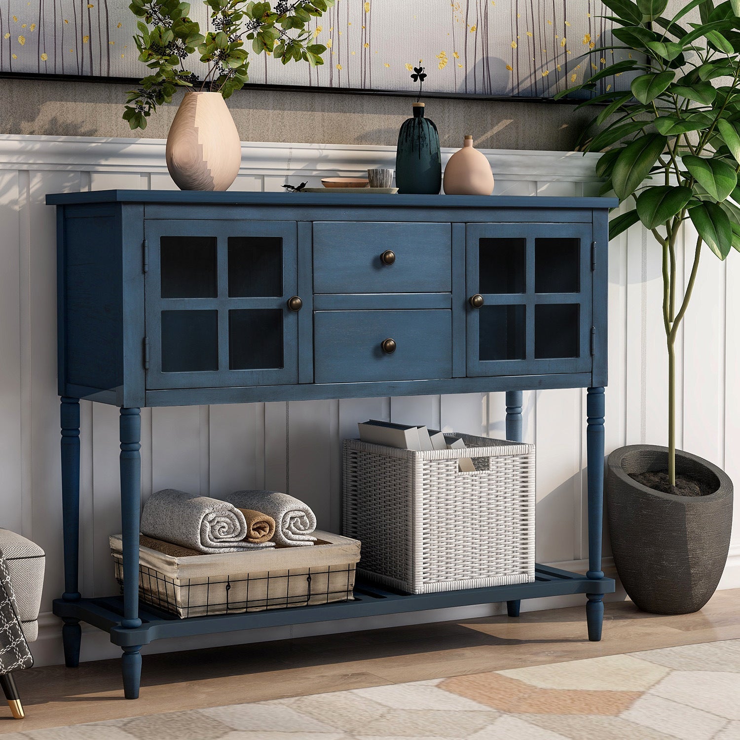 Sideboard Console Table with Bottom Shelf, Farmhouse Wood/Glass Buffet Storage Cabinet Living Room - Divine Heart L.A.