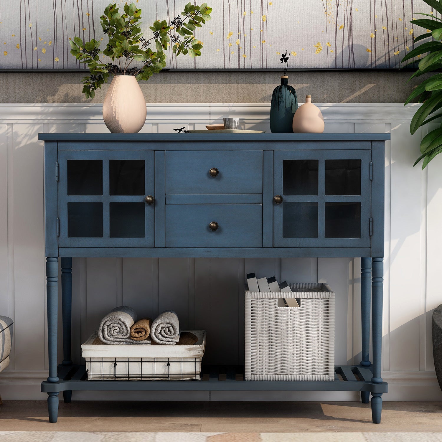 Sideboard Console Table with Bottom Shelf, Farmhouse Wood/Glass Buffet Storage Cabinet Living Room - Divine Heart L.A.