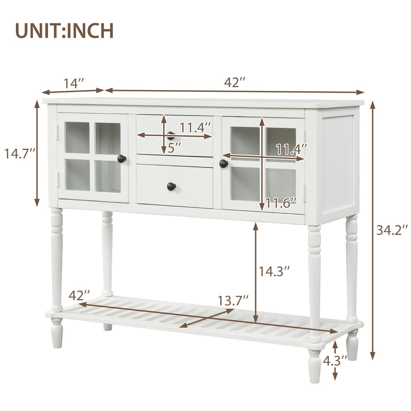 Sideboard Console Table with Bottom Shelf, Farmhouse Wood/Glass Buffet Storage Cabinet Living Room - Divine Heart L.A.