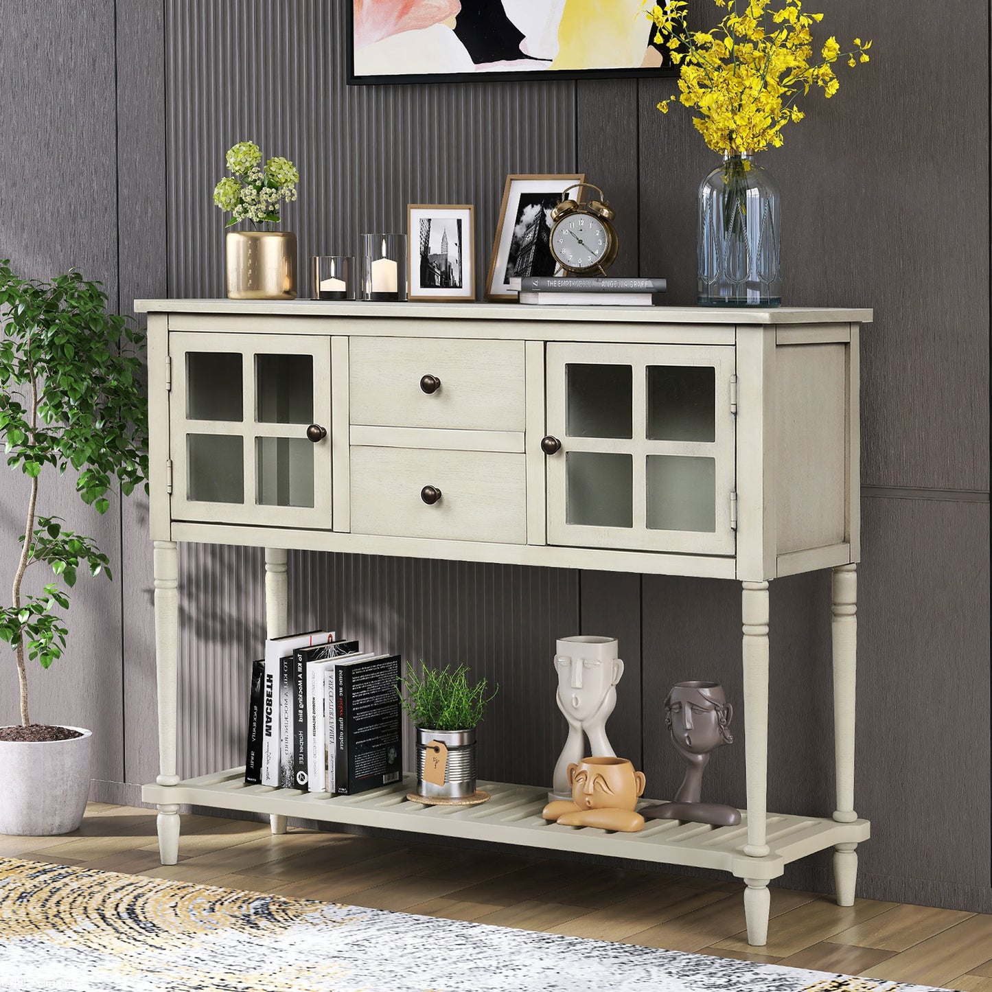 Sideboard Console Table with Bottom Shelf, Farmhouse Wood/Glass Buffet Storage Cabinet Living Room - Divine Heart L.A.