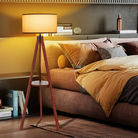 Tripod Floor Lamp Wood Standing Lamp with Flaxen Lamp Shade and E26 Lamp Base - Divine Heart L.A.