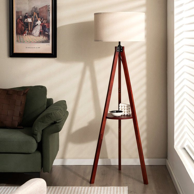 Tripod Floor Lamp Wood Standing Lamp with Flaxen Lamp Shade and E26 Lamp Base - Divine Heart L.A.