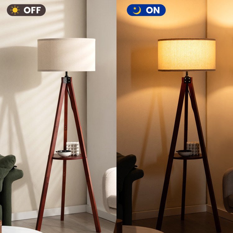 Tripod Floor Lamp Wood Standing Lamp with Flaxen Lamp Shade and E26 Lamp Base - Divine Heart L.A.