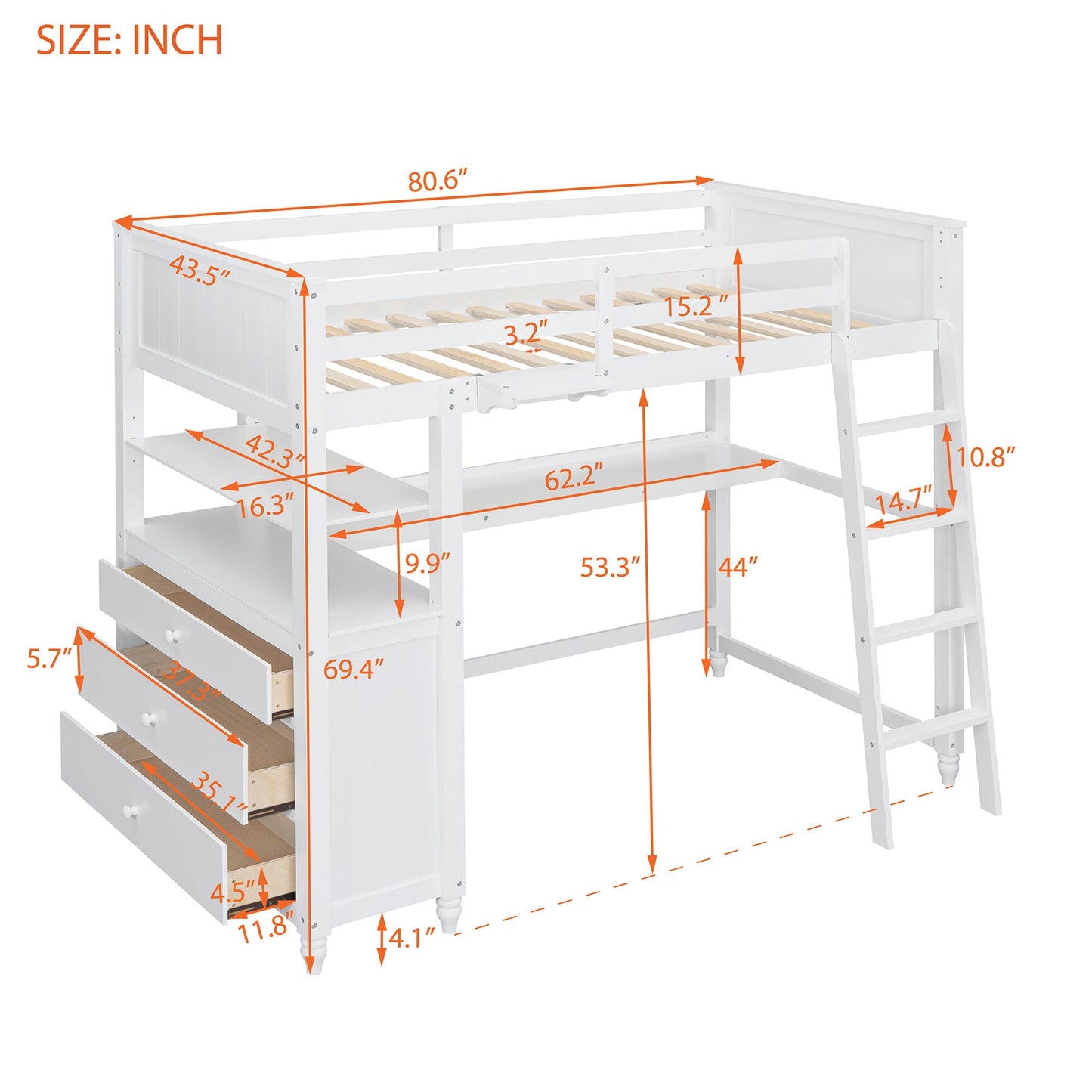 Twin Loft Bed with Desk and Storage Drawers - Divine Heart L.A.