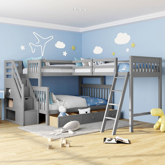 Twin over Full L-Shaped Bunk Bed With Drawers, Ladder and Staircase - Gray - Divine Heart L.A.