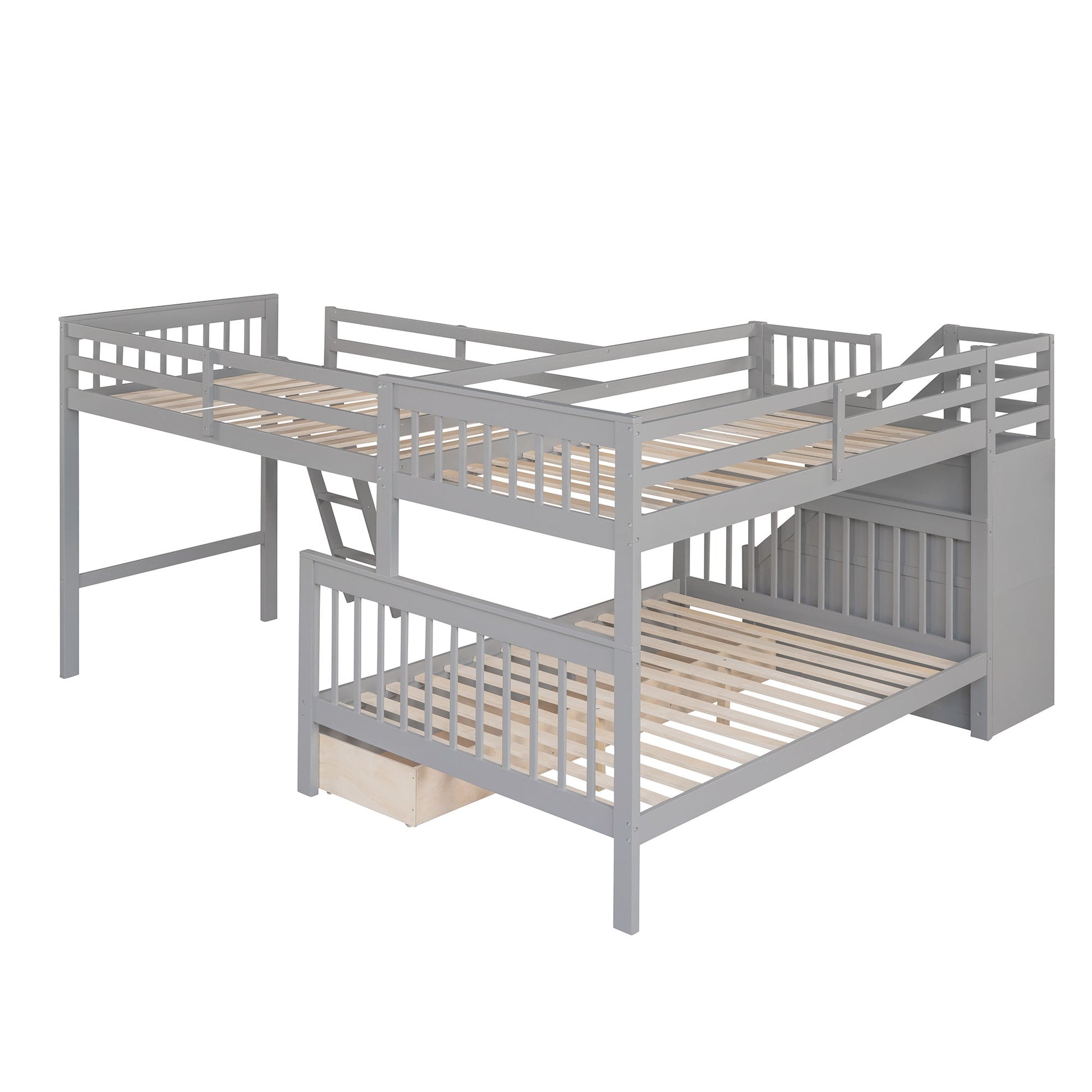 Twin over Full L-Shaped Bunk Bed With Drawers, Ladder and Staircase - Gray - Divine Heart L.A.