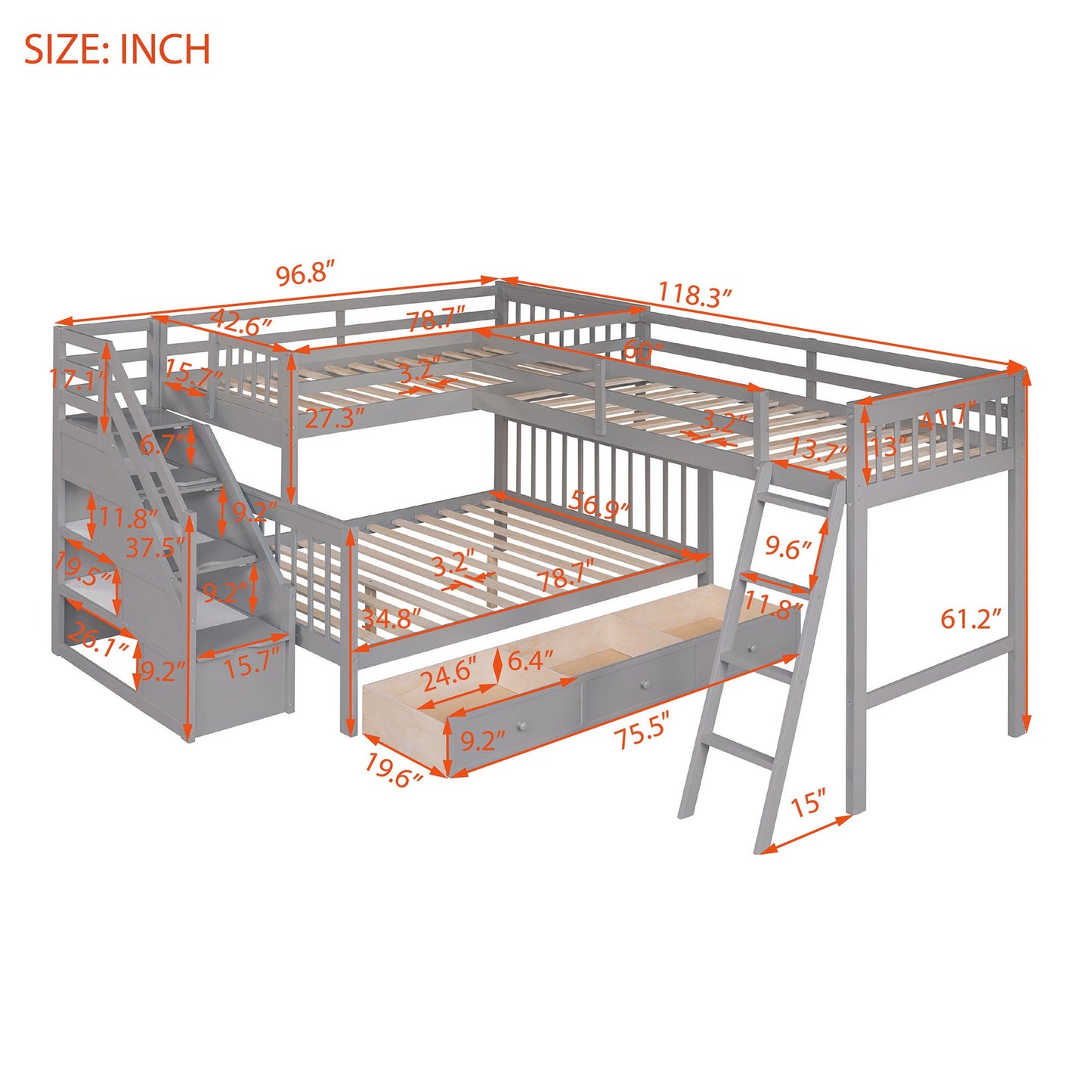 Twin over Full L-Shaped Bunk Bed With Drawers, Ladder and Staircase - Gray - Divine Heart L.A.