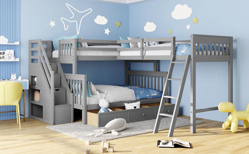 Twin over Full L-Shaped Bunk Bed With Drawers, Ladder and Staircase - Gray - Divine Heart L.A.