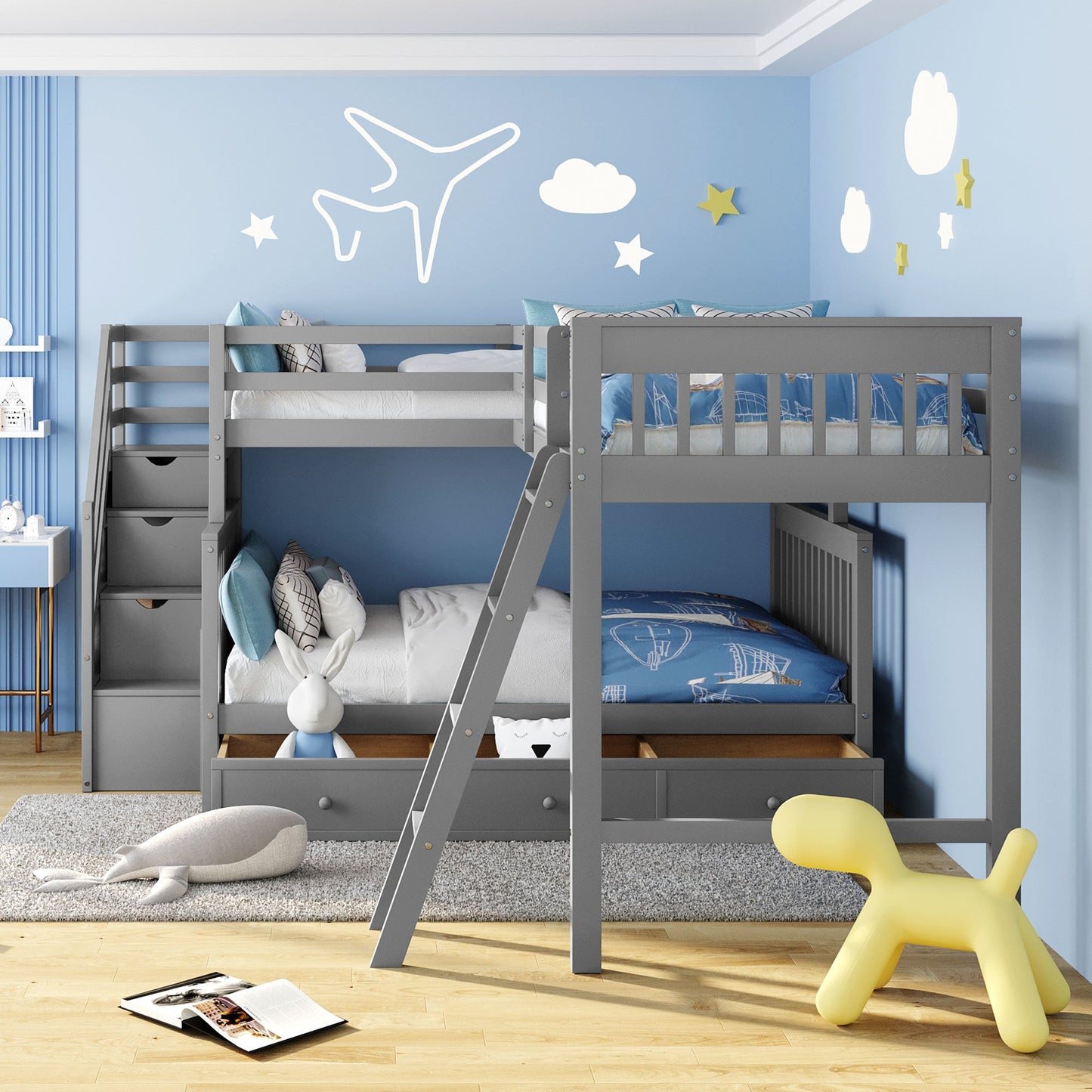 Twin over Full L-Shaped Bunk Bed With Drawers, Ladder and Staircase - Gray - Divine Heart L.A.