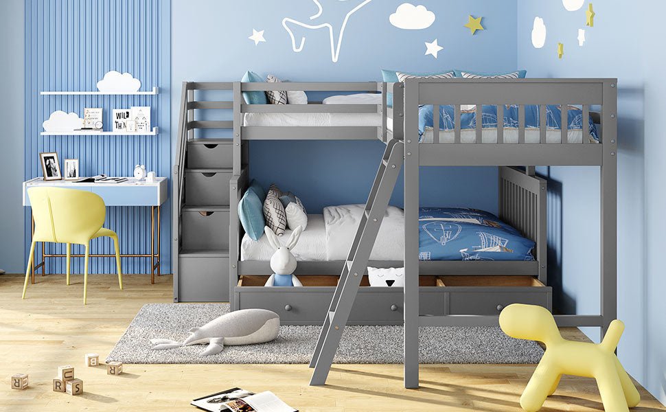 Twin over Full L-Shaped Bunk Bed With Drawers, Ladder and Staircase - Gray - Divine Heart L.A.