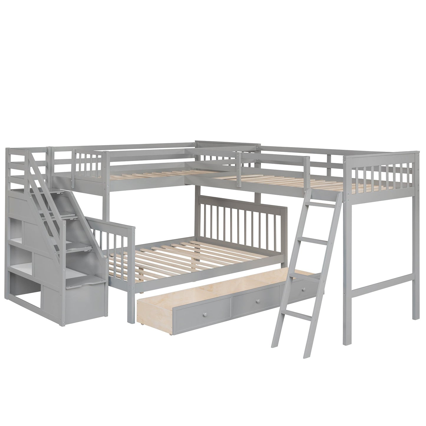 Twin over Full L-Shaped Bunk Bed With Drawers, Ladder and Staircase - Gray - Divine Heart L.A.