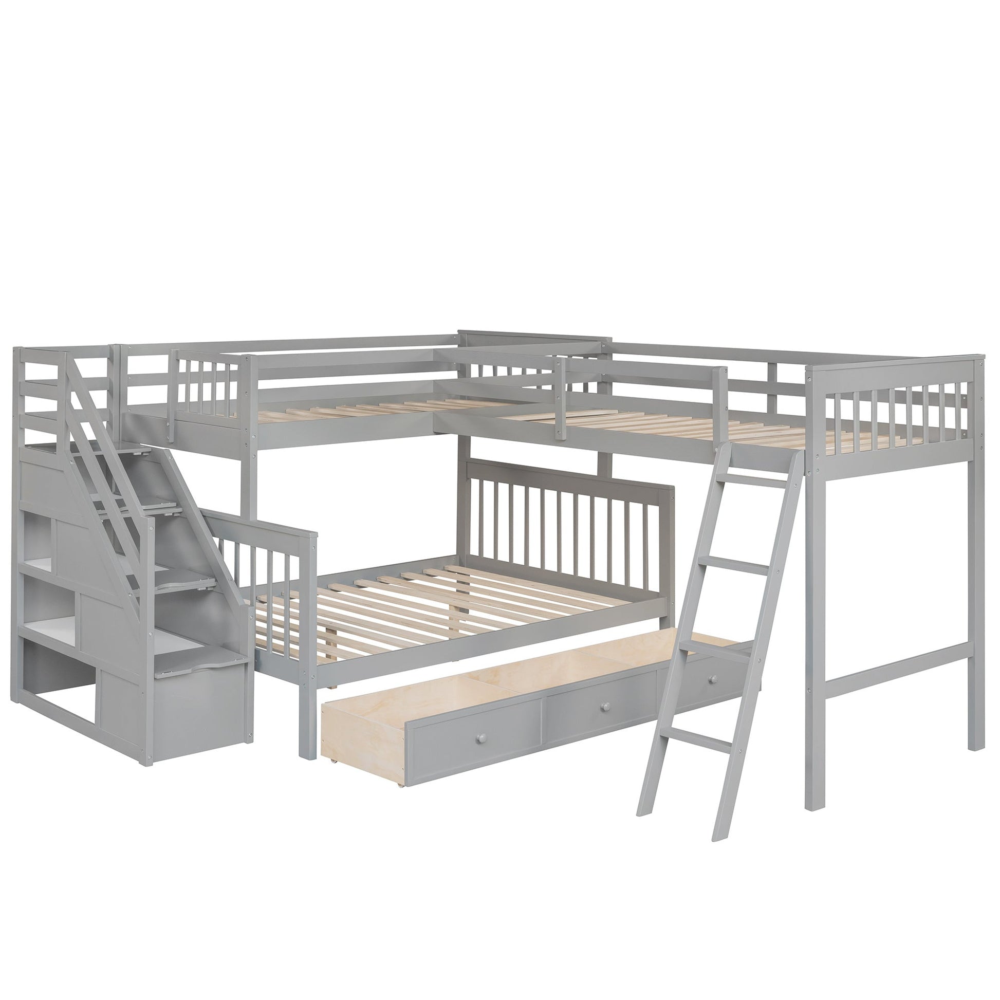 Twin over Full L-Shaped Bunk Bed With Drawers, Ladder and Staircase - Gray - Divine Heart L.A.