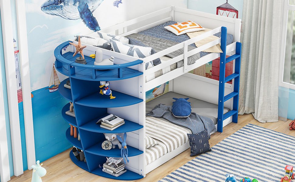 Twin over Twin Boat-Like Shaped Bunk Bed with Storage Shelves - Divine Heart L.A.