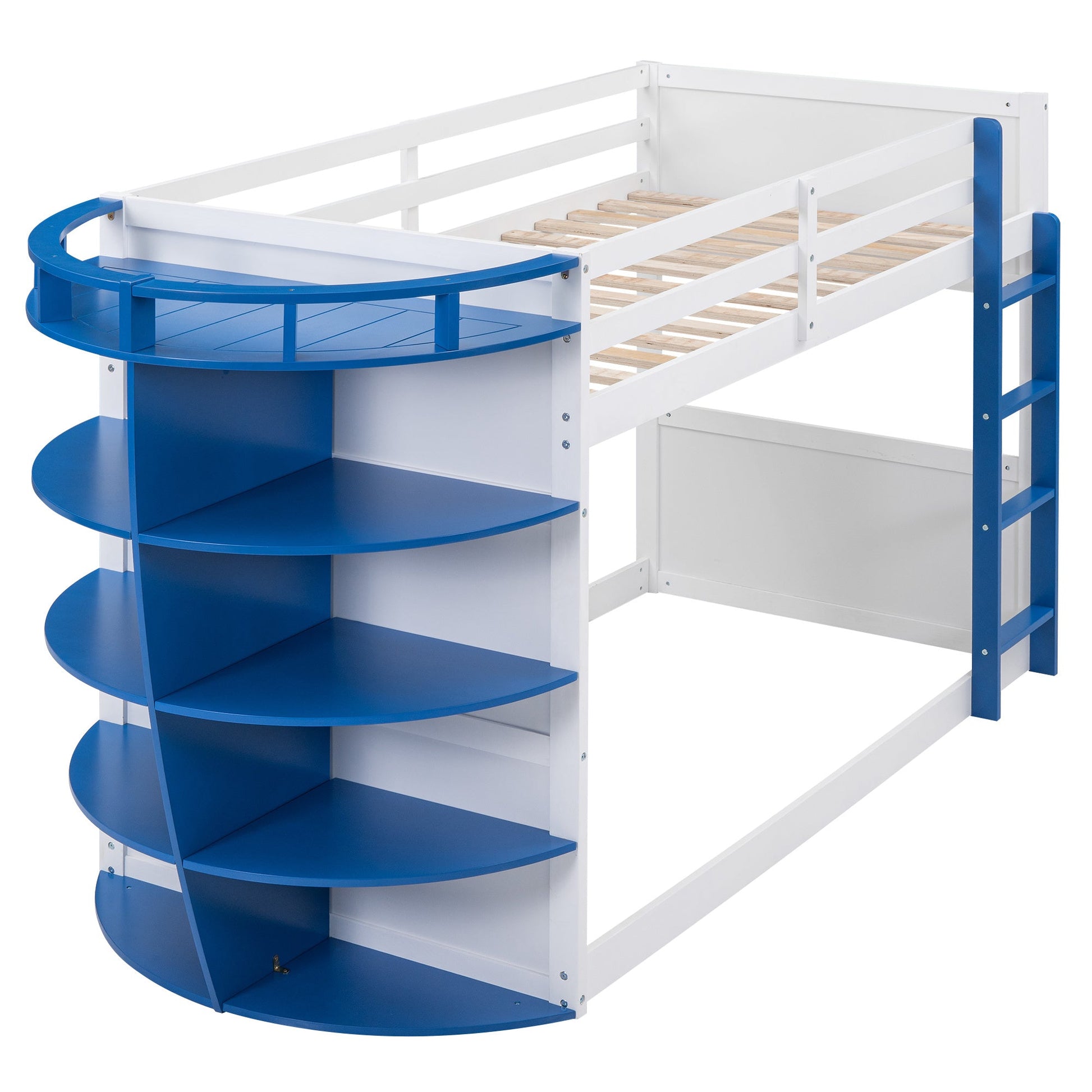 Twin over Twin Boat-Like Shaped Bunk Bed with Storage Shelves - Divine Heart L.A.