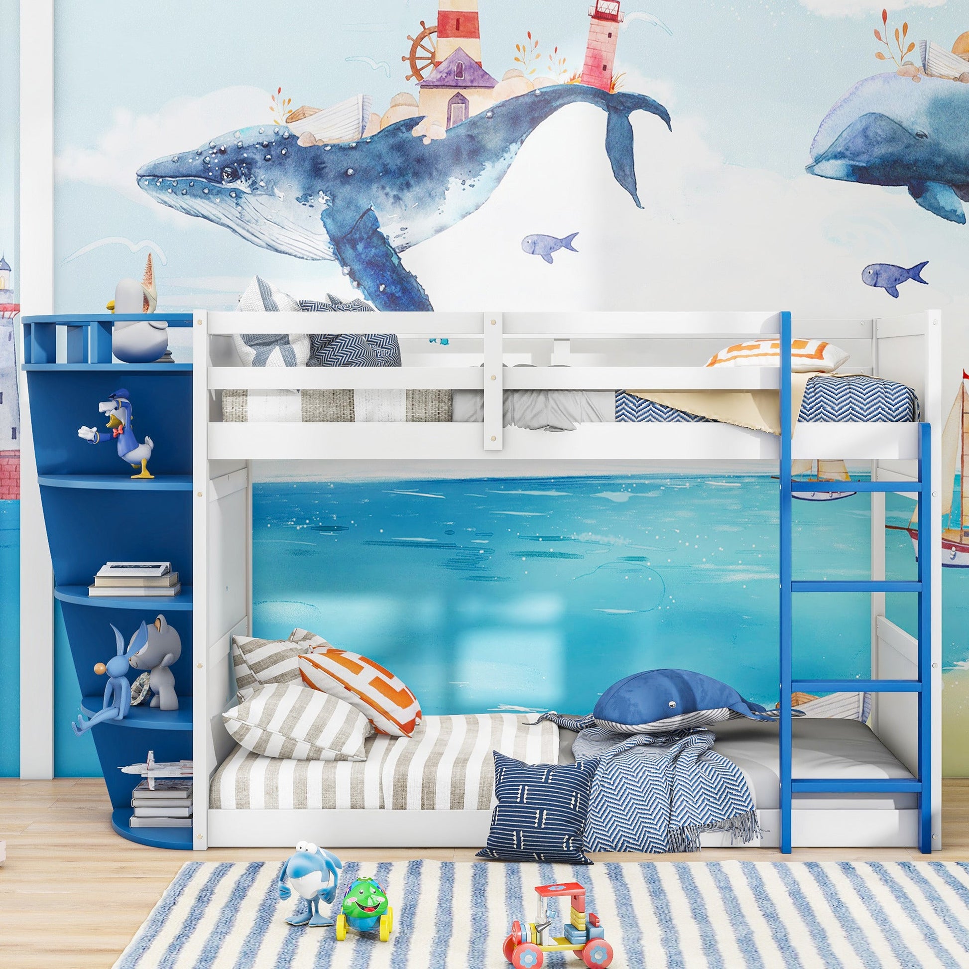 Twin over Twin Boat-Like Shaped Bunk Bed with Storage Shelves - Divine Heart L.A.