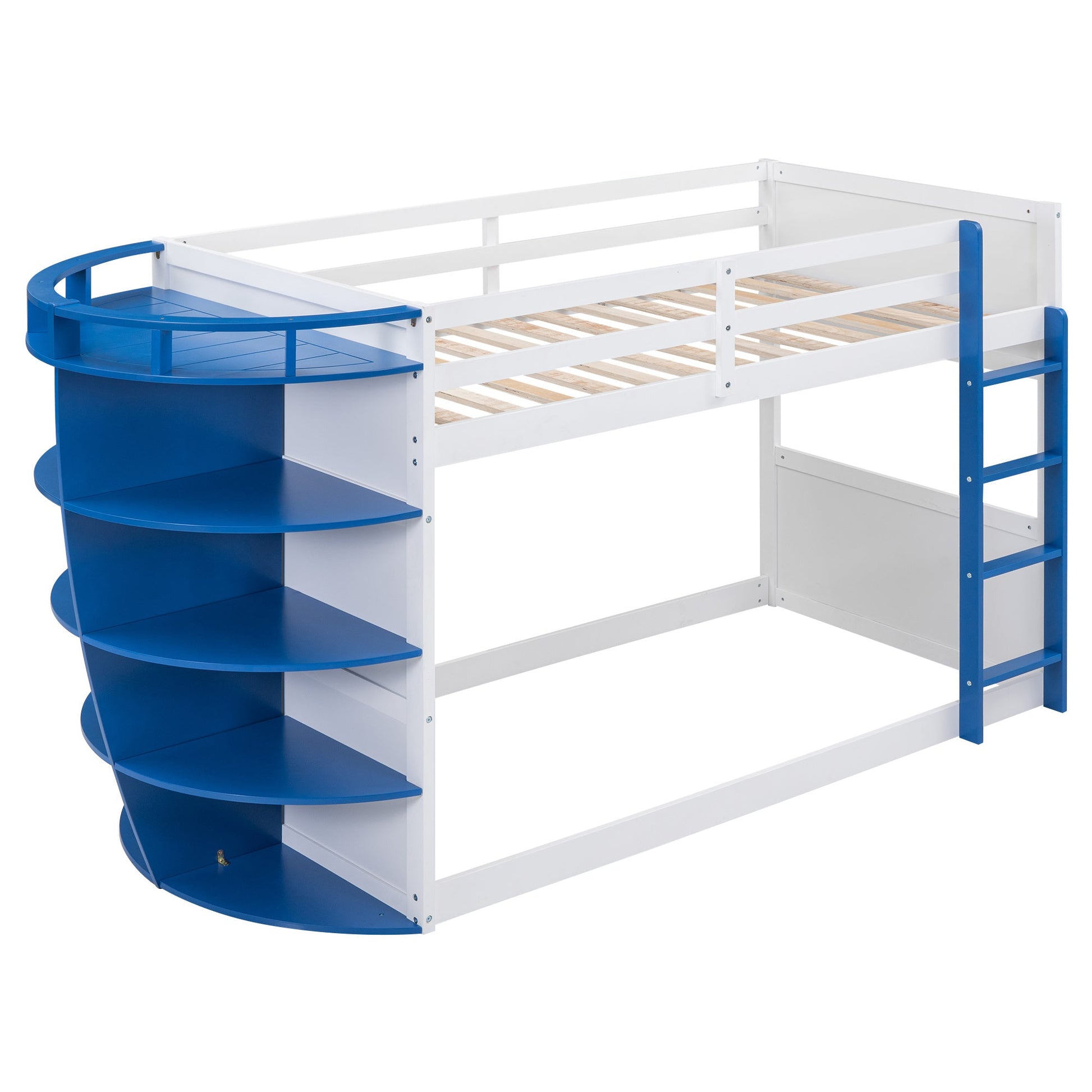 Twin over Twin Boat-Like Shaped Bunk Bed with Storage Shelves - Divine Heart L.A.