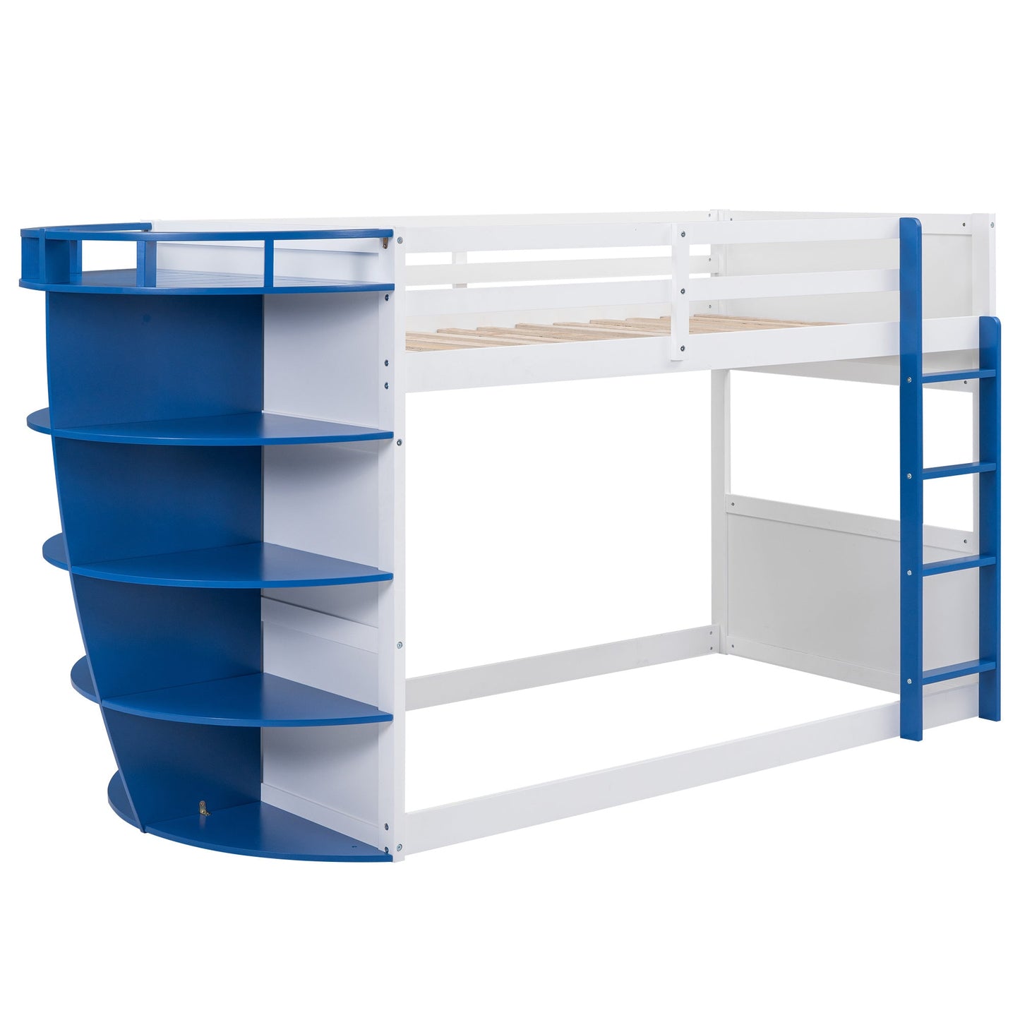 Twin over Twin Boat-Like Shaped Bunk Bed with Storage Shelves - Divine Heart L.A.