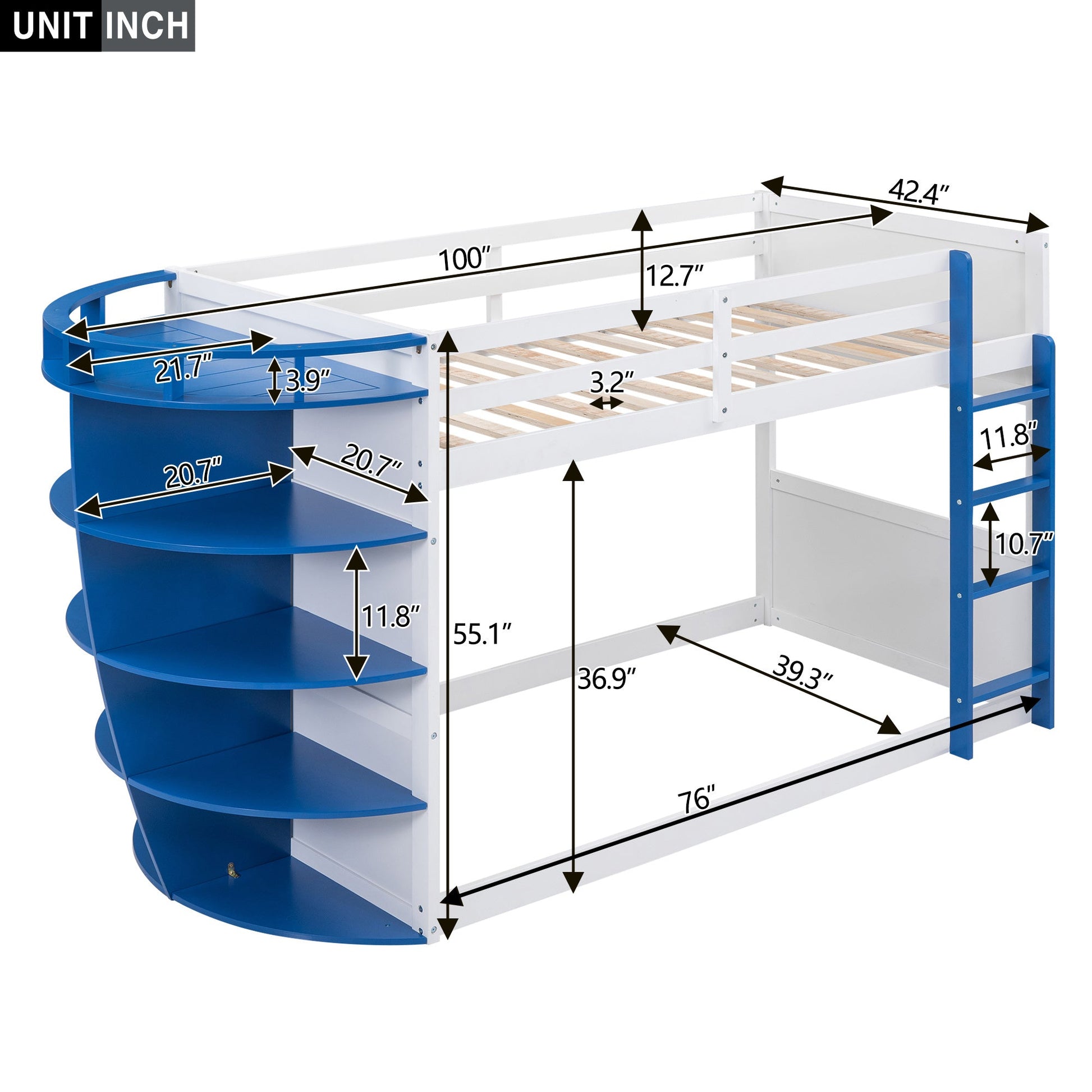 Twin over Twin Boat-Like Shaped Bunk Bed with Storage Shelves - Divine Heart L.A.