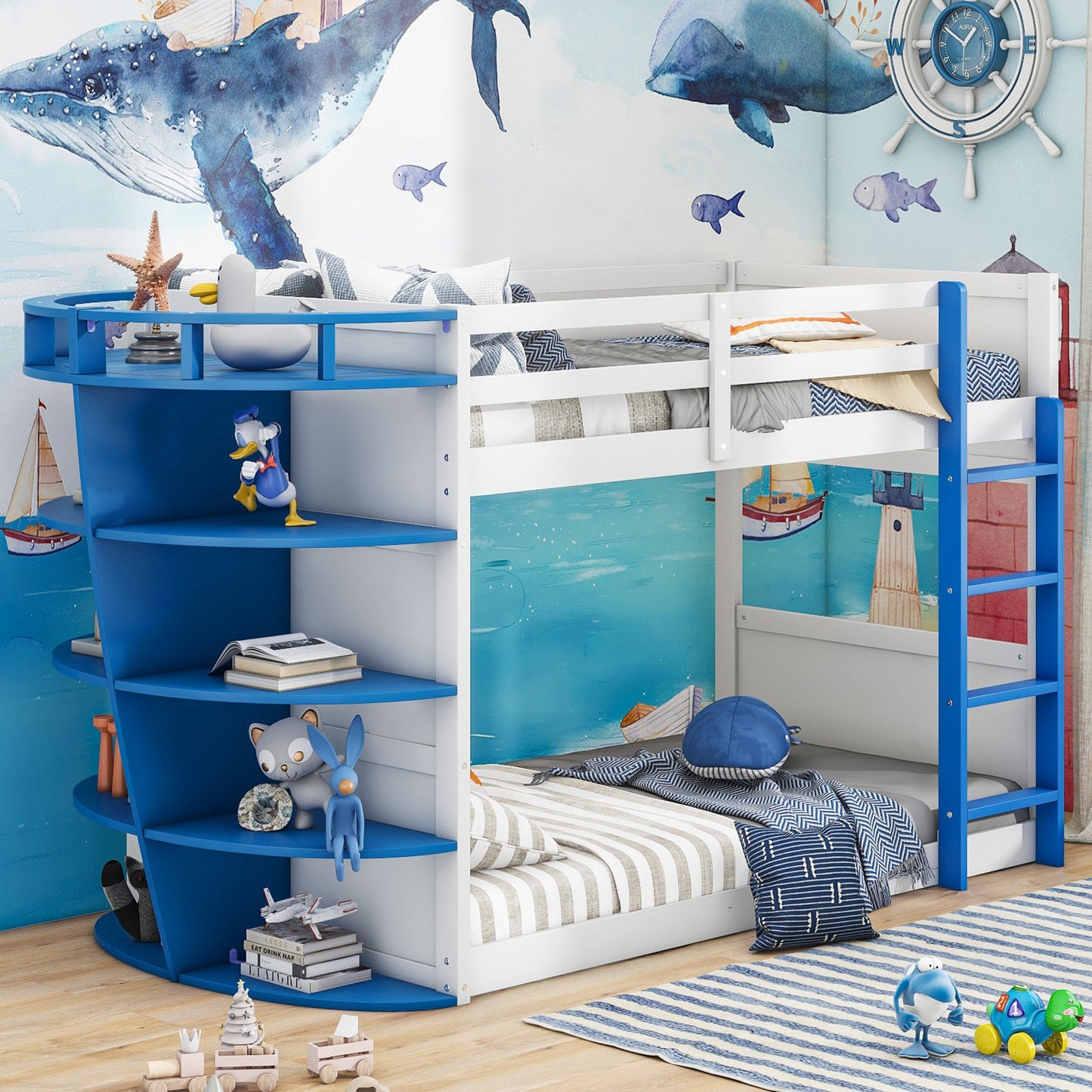 Twin over Twin Boat-Like Shaped Bunk Bed with Storage Shelves - Divine Heart L.A.