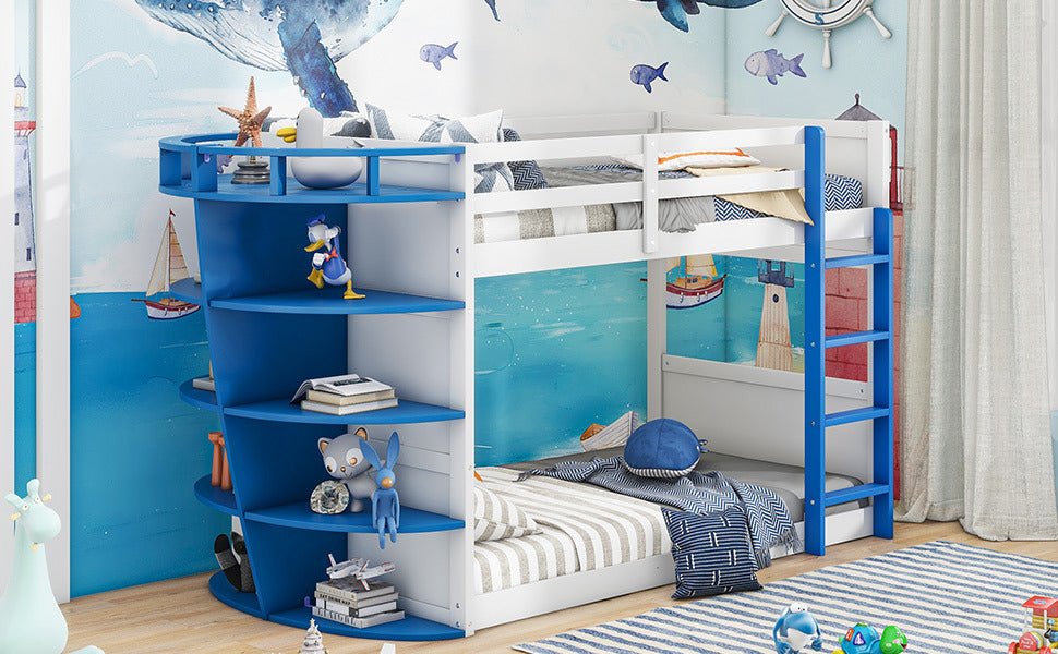 Twin over Twin Boat-Like Shaped Bunk Bed with Storage Shelves - Divine Heart L.A.