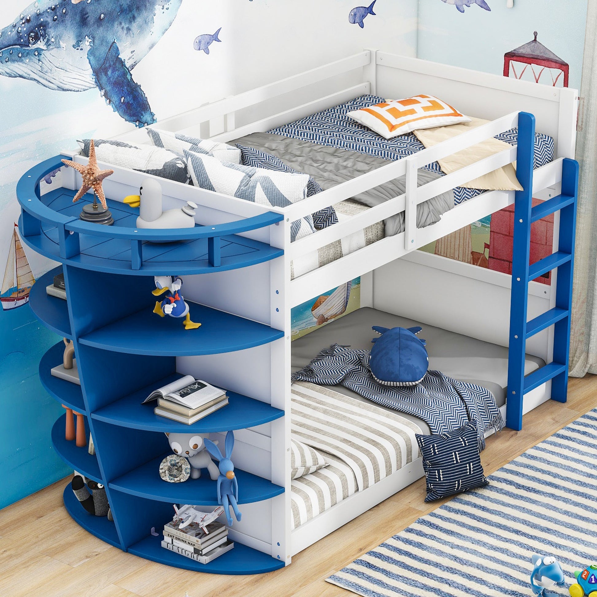 Twin over Twin Boat-Like Shaped Bunk Bed with Storage Shelves - Divine Heart L.A.