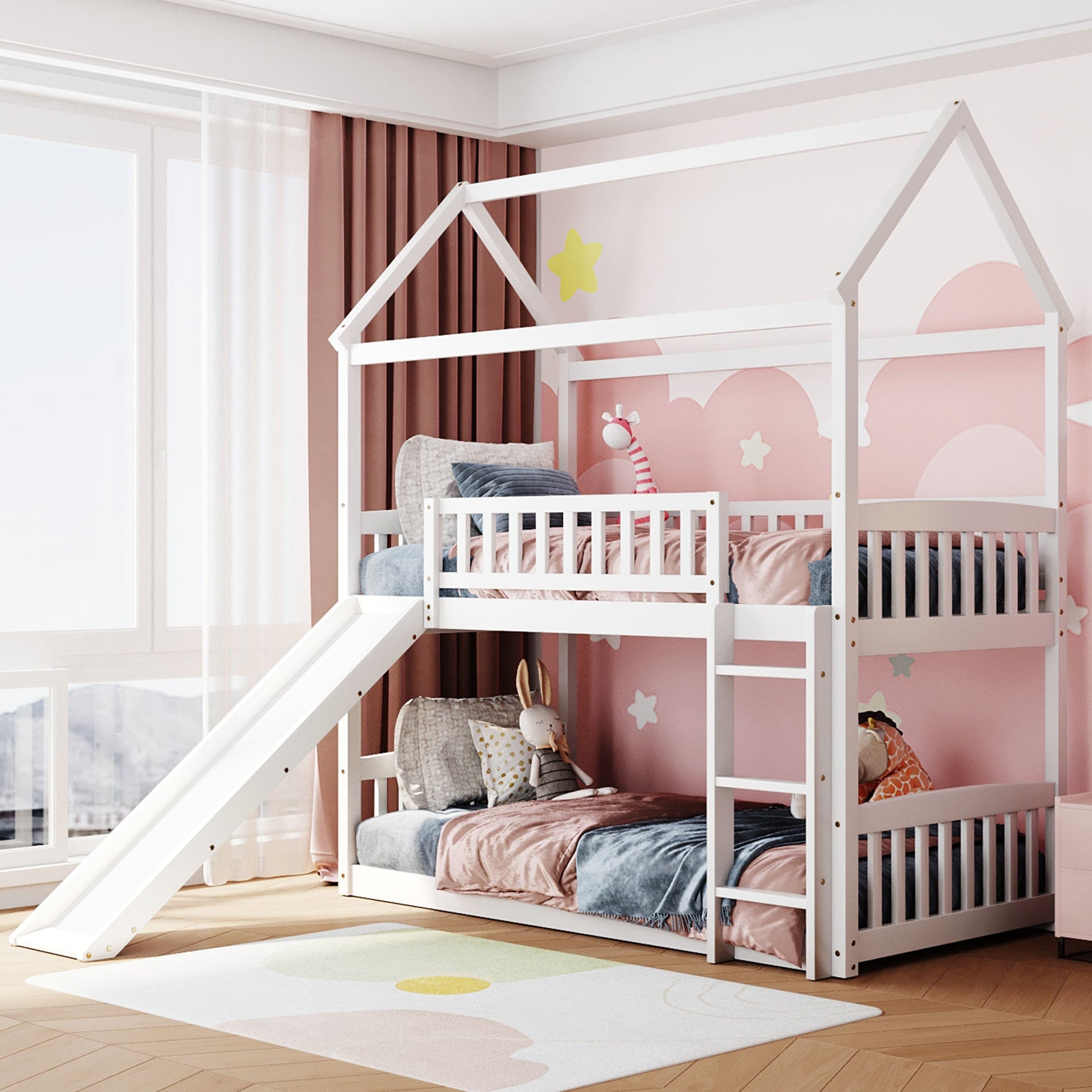 Twin Over Twin House Shaped Bunk Bed with Slide - Divine Heart L.A.