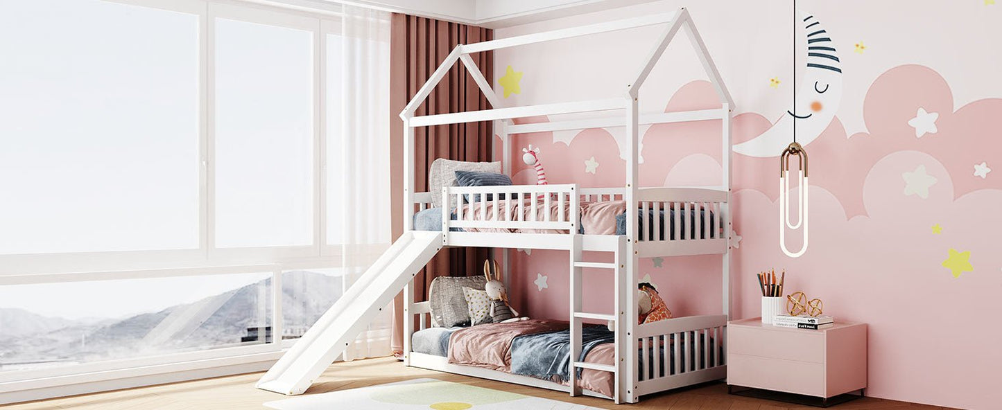 Twin Over Twin House Shaped Bunk Bed with Slide - Divine Heart L.A.