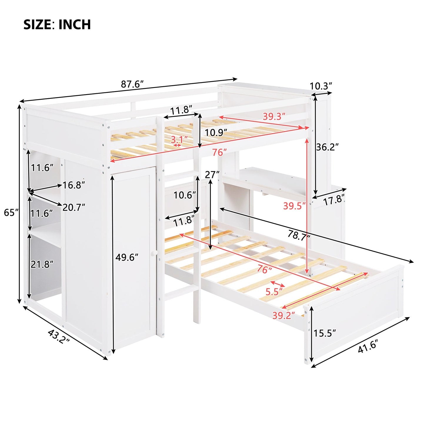 Twin over Twin Loft Bed with Desk and Wardrobe - Divine Heart L.A.