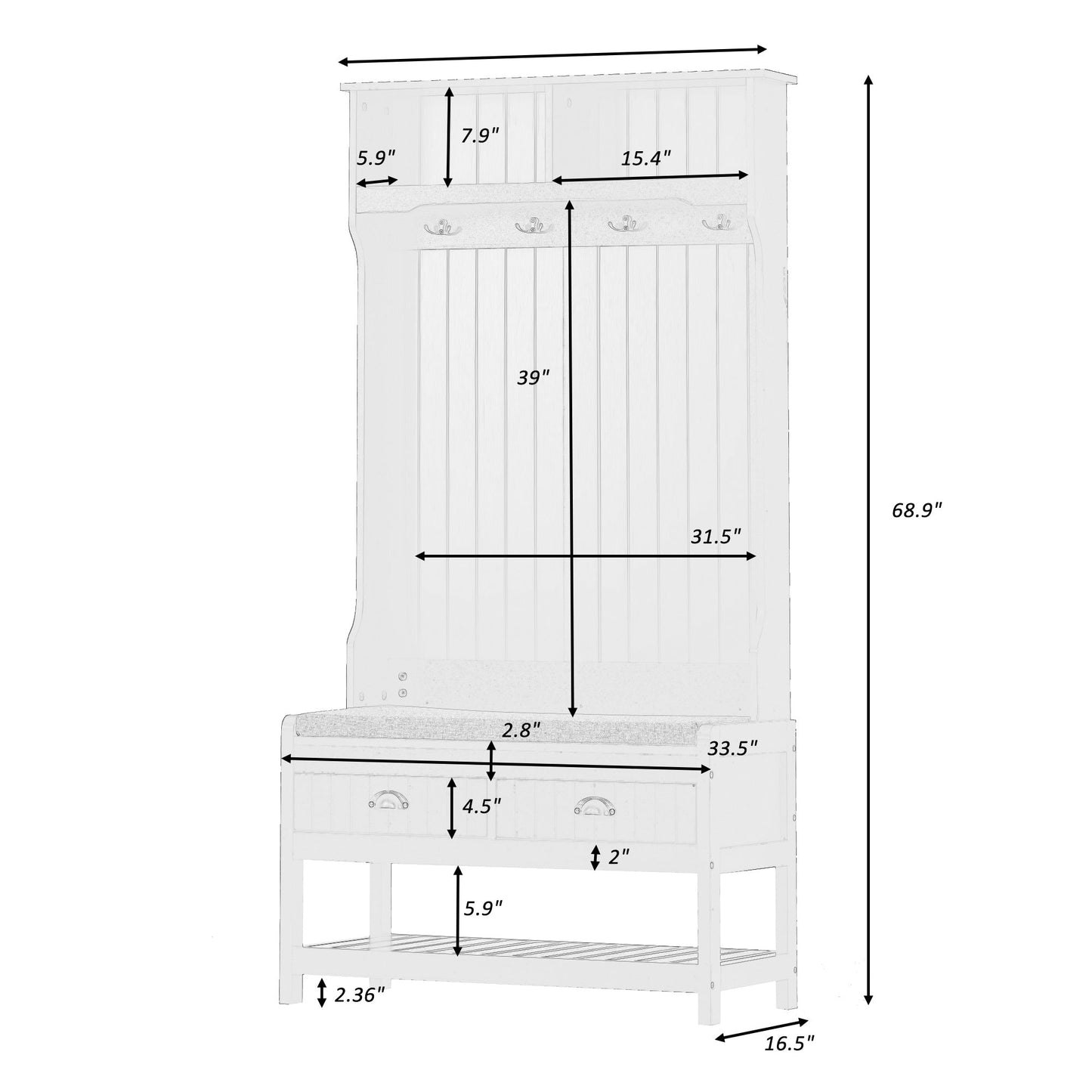 U-Can Hall Tree with 4 Hooks and Hinged Lid, Coat Hanger, Entryway Bench, Storage Bench, 3-in-1 Design, 69INCH, for Entrance, Hallway - Divine Heart L.A.