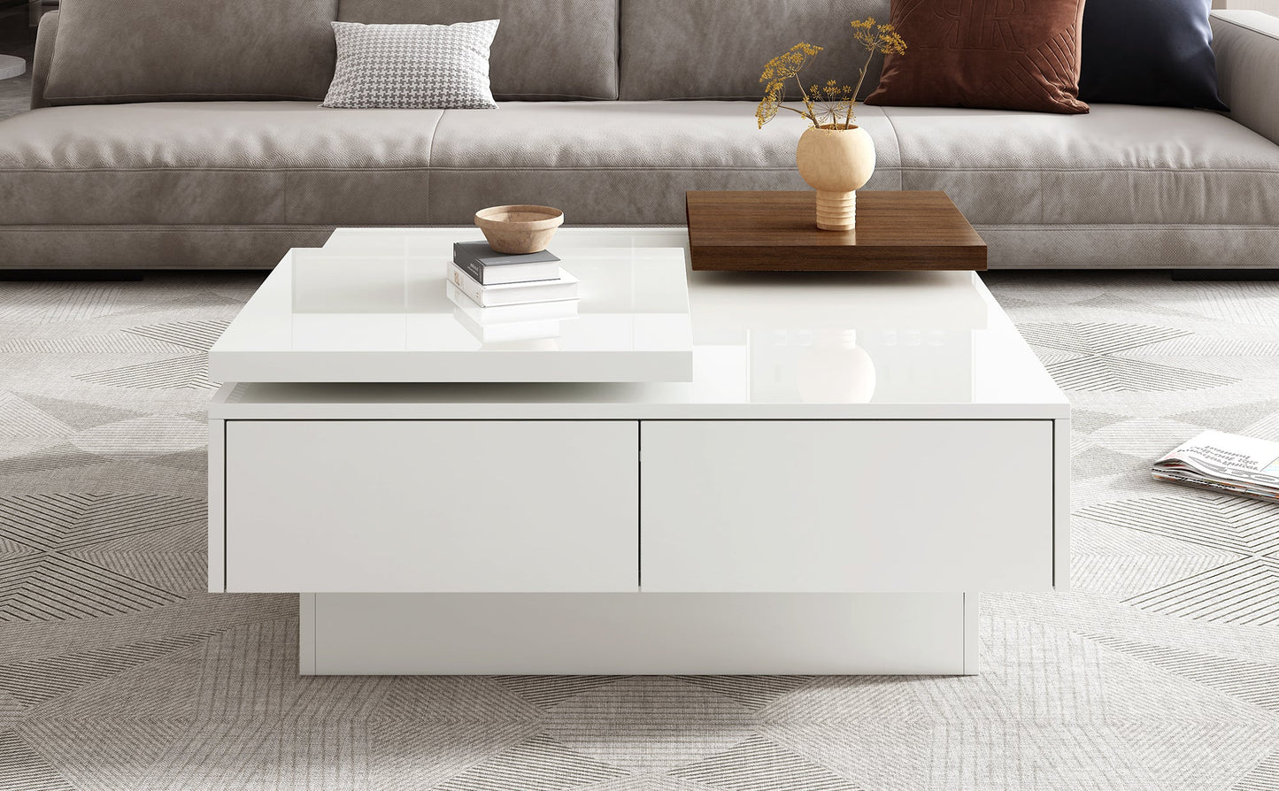 U-Can Movable Top Coffee Table, Modern Square Wood Coffee Table with High Gloss finish, 4 Hidden Storage Drawers for Living Room - Divine Heart L.A.